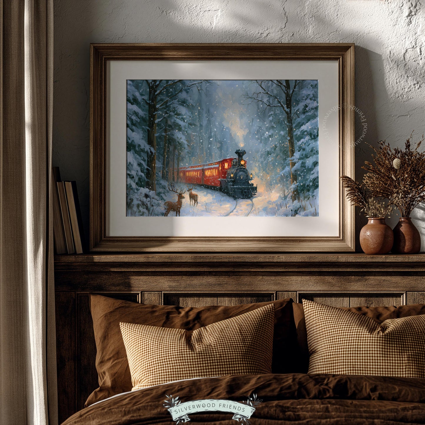 Classic Christmas train artwork for gallery wall — misty winter forest with warm amber headlamp glow