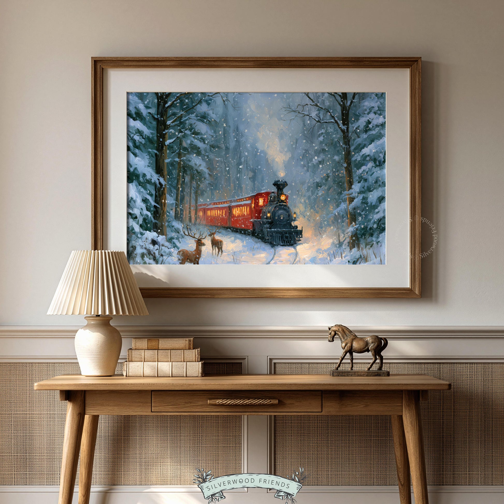 Festive forest scene wall print for farmhouse — vintage-style train with wildlife and snowfall details