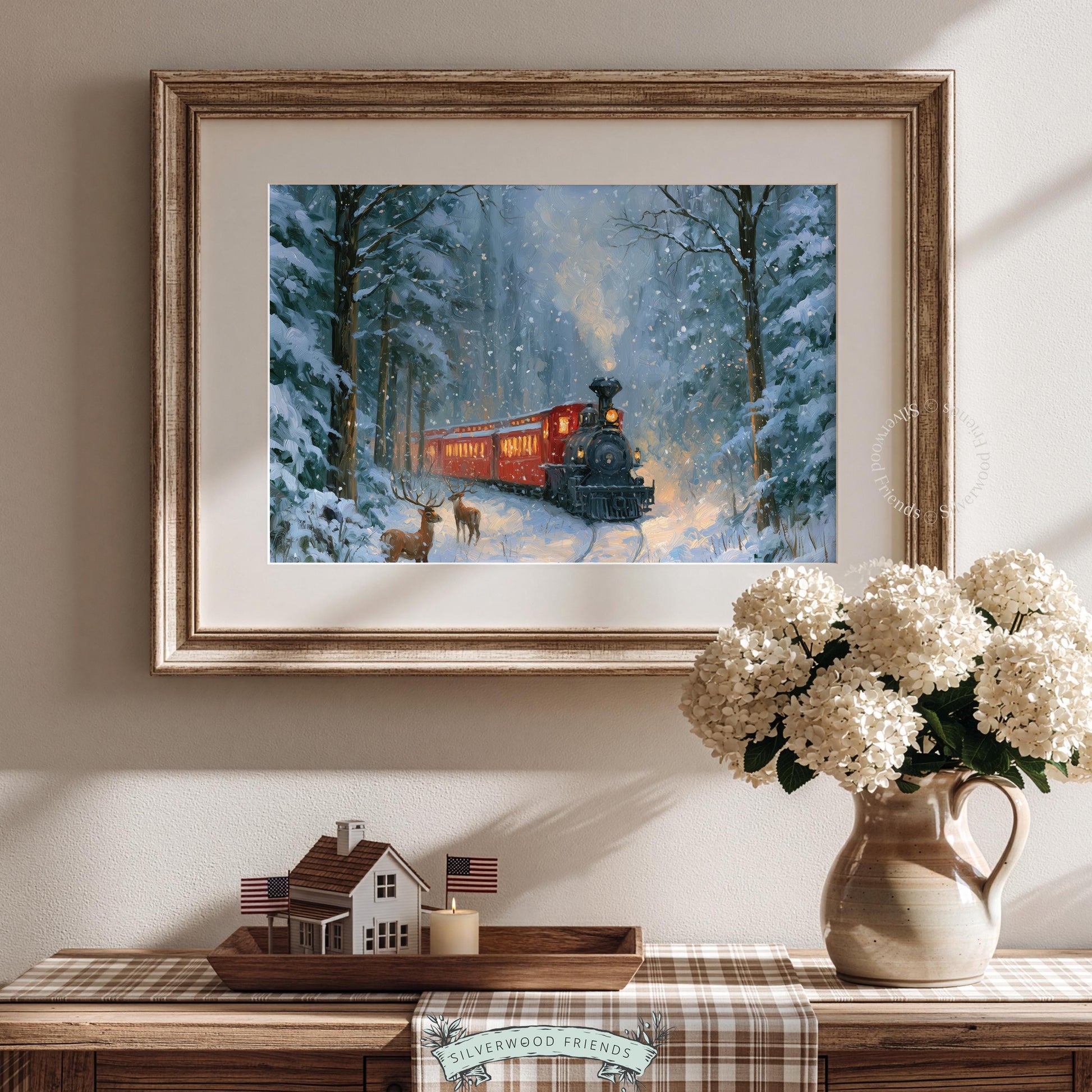 Cozy Christmas locomotive wall print for cabin — soft painted style with deer and falling snow