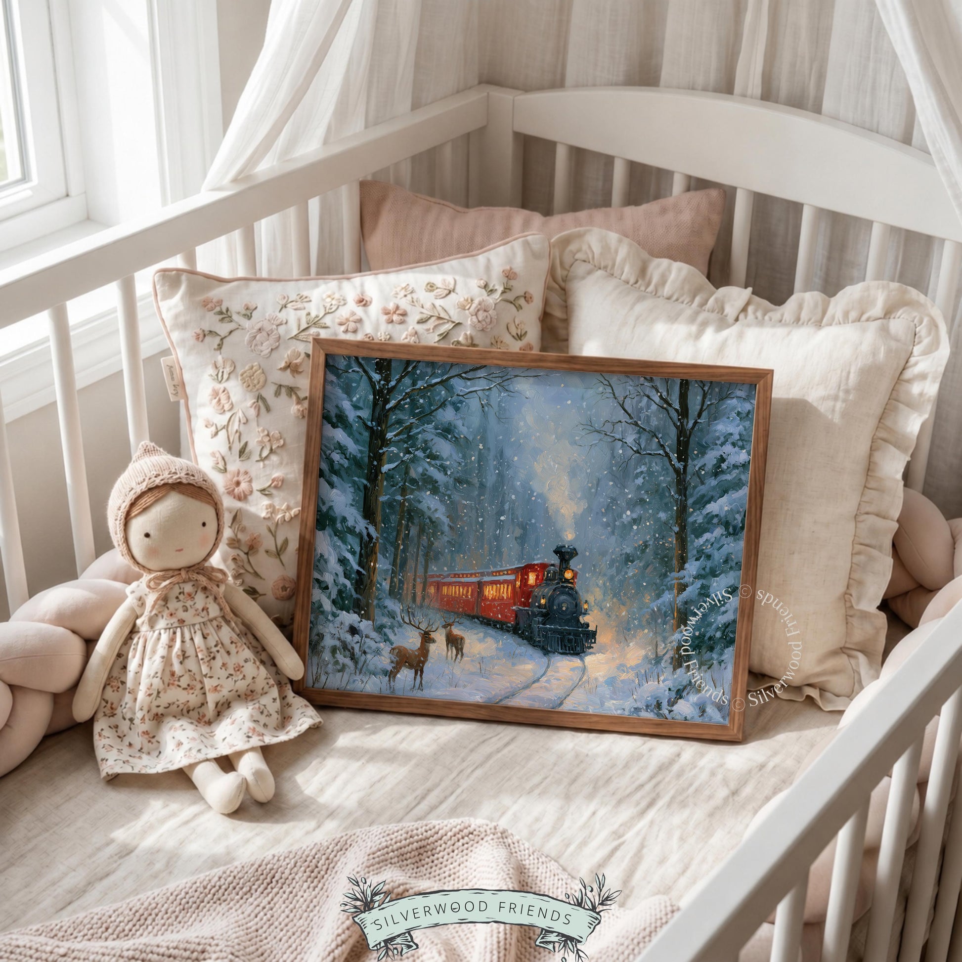 Classic locomotive artwork poster for office — vintage holiday mood with deer and misty snowscape