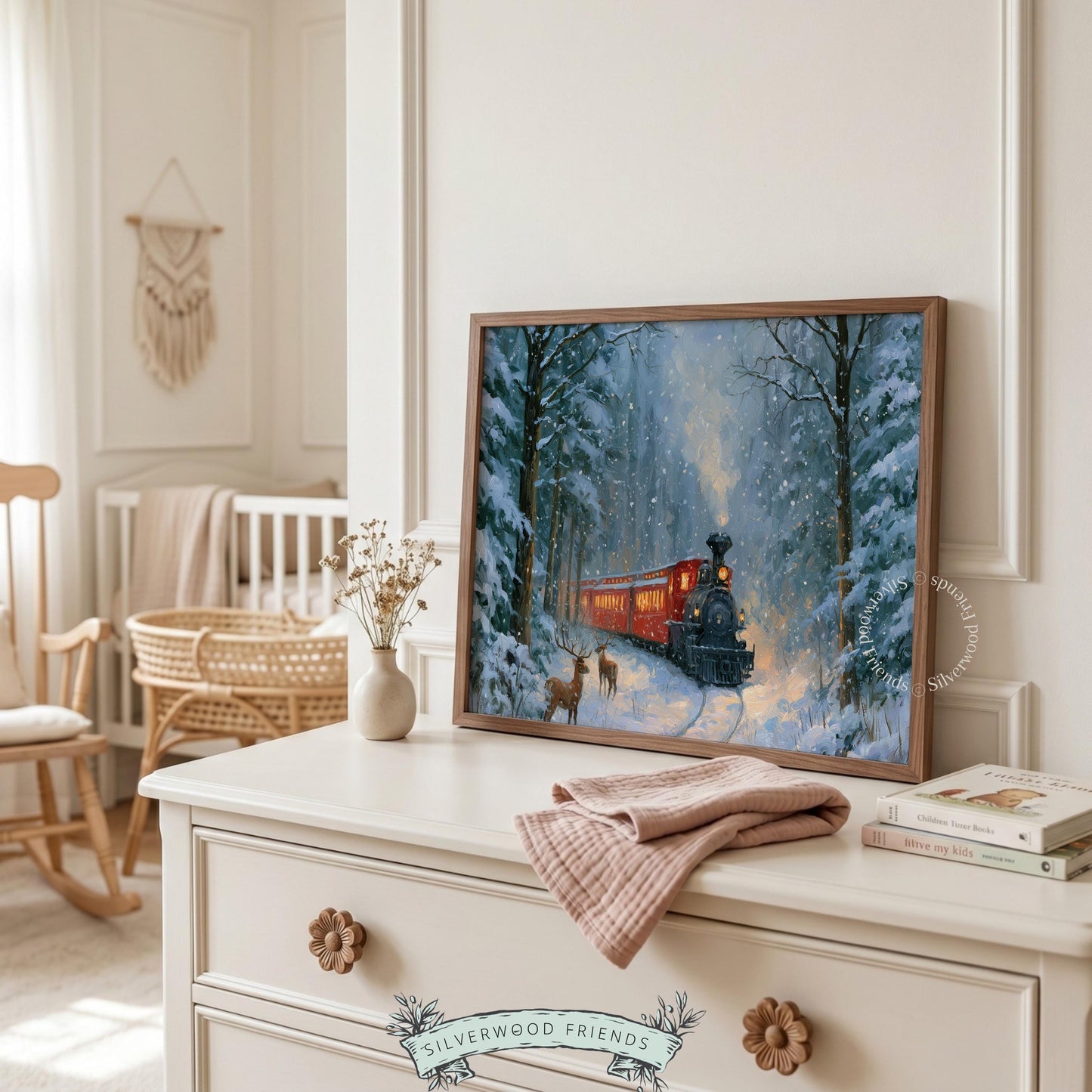 Snowy train journey artwork poster instant download — nostalgic holiday forest with warm headlamp