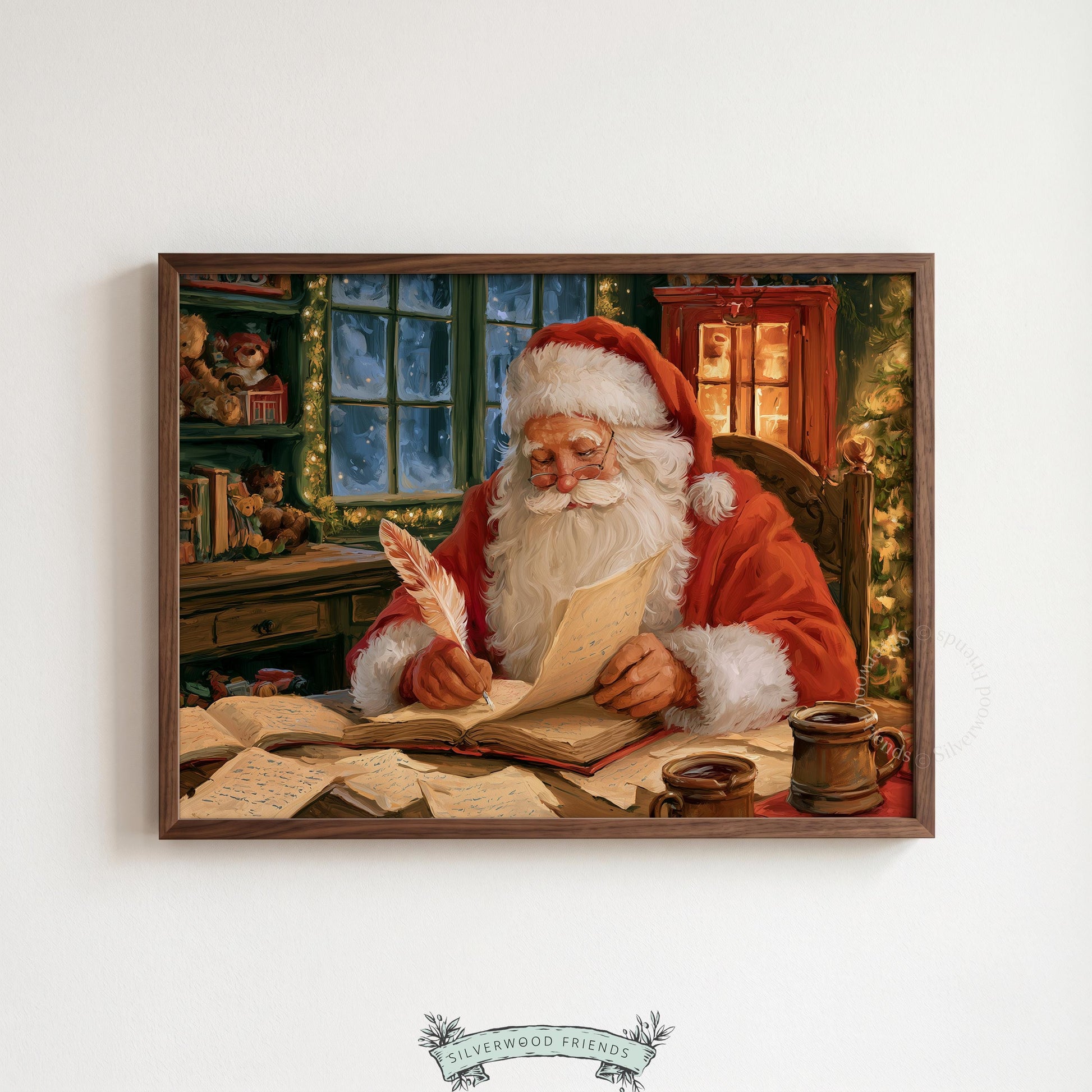Timeless yuletide scene digital wall art — vintage Christmas print showcasing bearded figure in candlelit workshop sanctuary