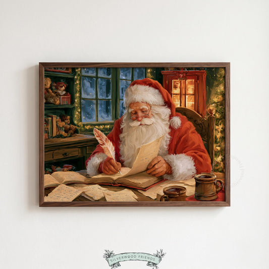 Timeless yuletide scene digital wall art — vintage Christmas print showcasing bearded figure in candlelit workshop sanctuary