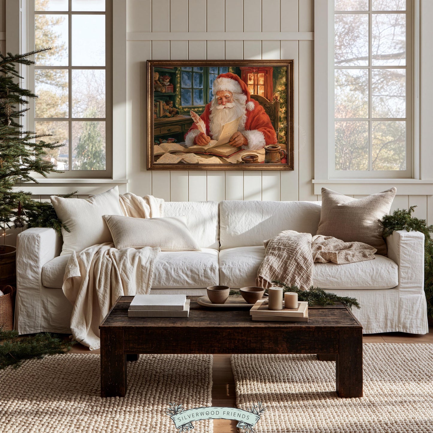 Old-world holiday painting for home office — Santa surrounded by books and scrolls in festive farmhouse style