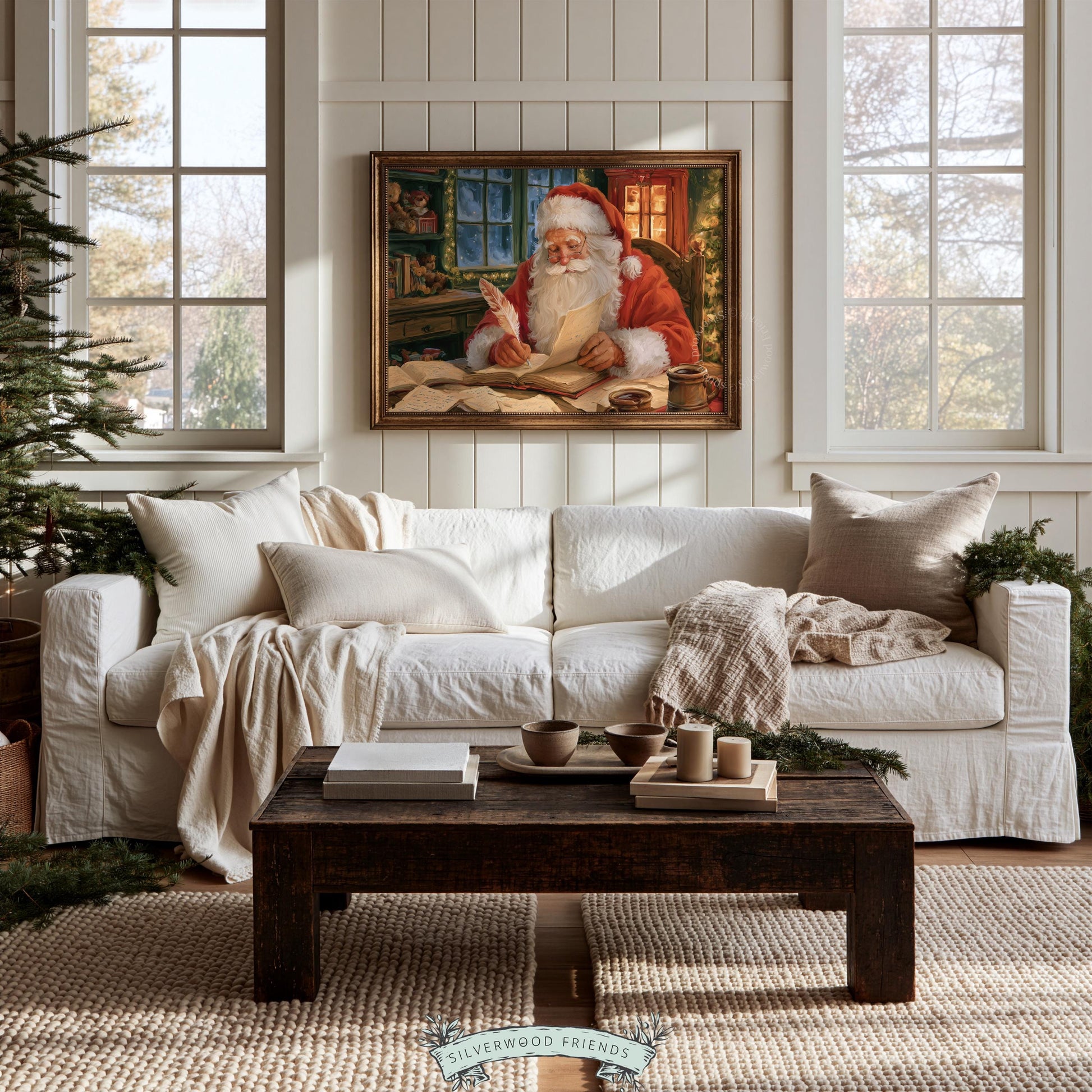 Old-world holiday painting for home office — Santa surrounded by books and scrolls in festive farmhouse style
