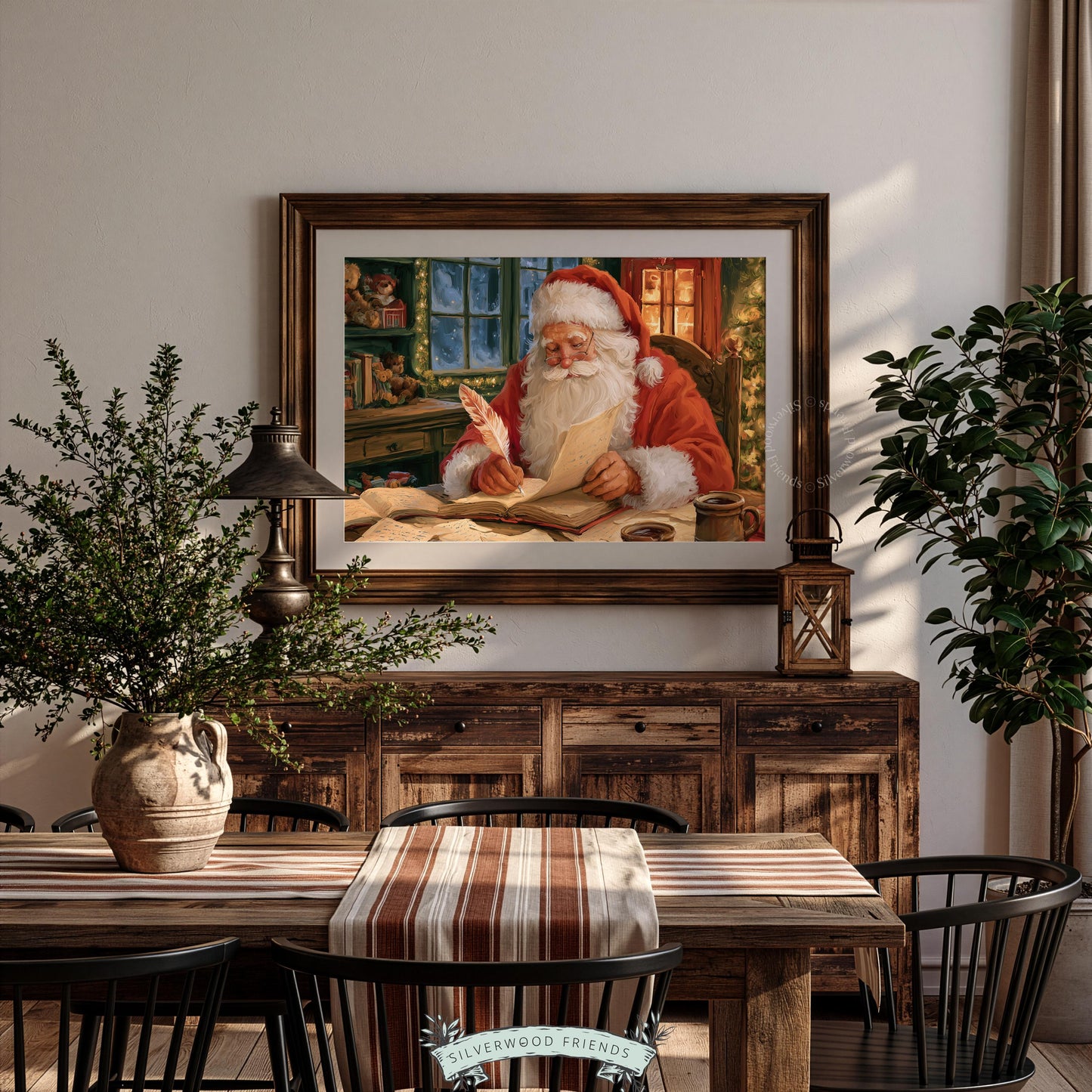 Festive farmhouse art print for gathering space — vintage Santa at wooden desk with glowing fireplace warmth