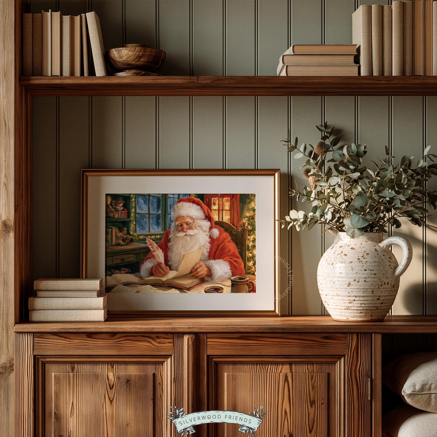 Traditional Christmas season poster print for home — detailed workshop interior with lantern glow and holiday magic