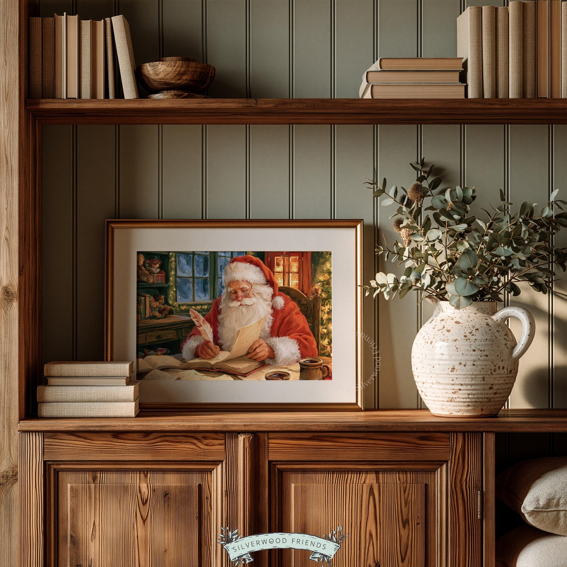 Traditional Christmas season poster print for home — detailed workshop interior with lantern glow and holiday magic