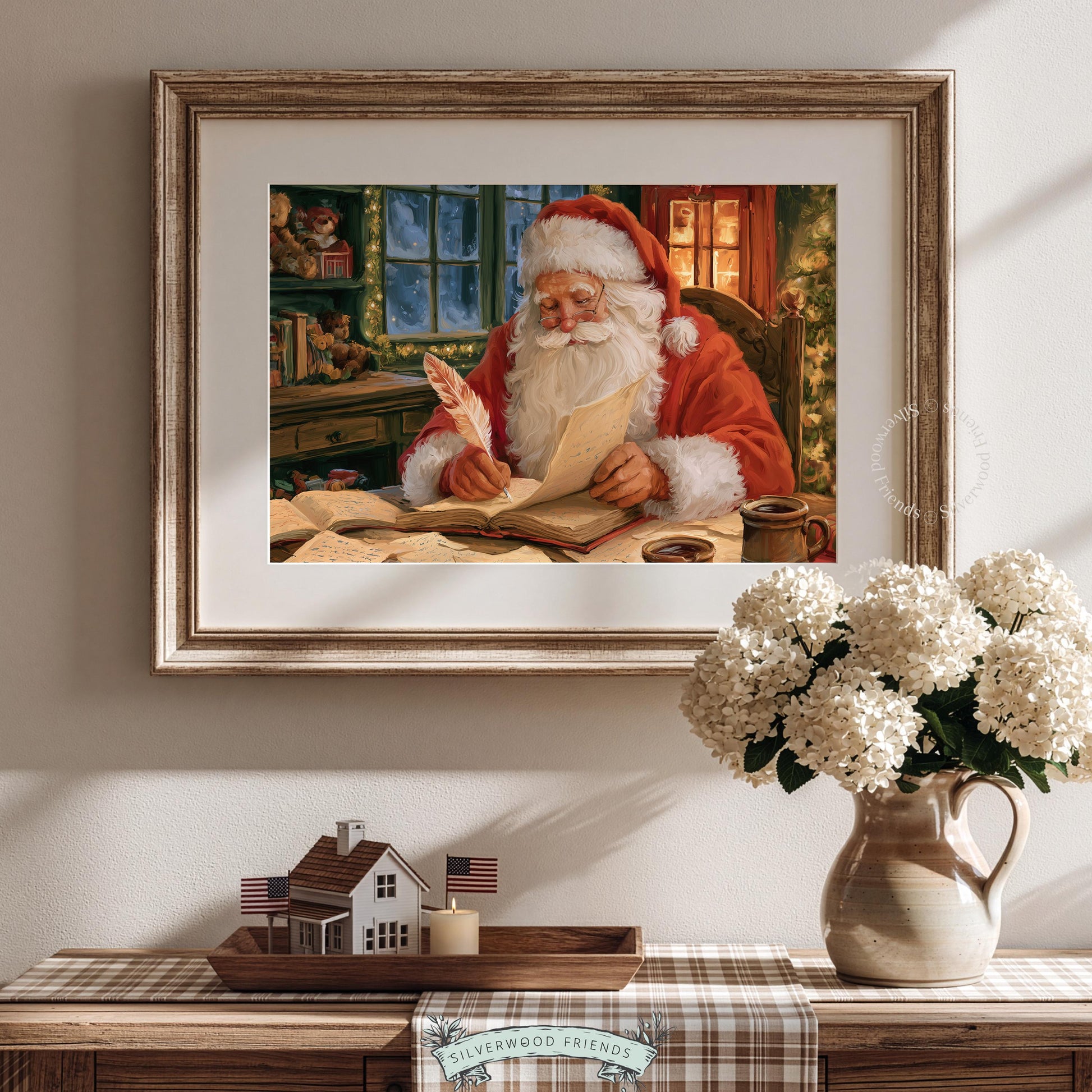 Charming holiday print showing Santa at work — cozy gallery wall art with rich reds, golds, and atmospheric candlelight