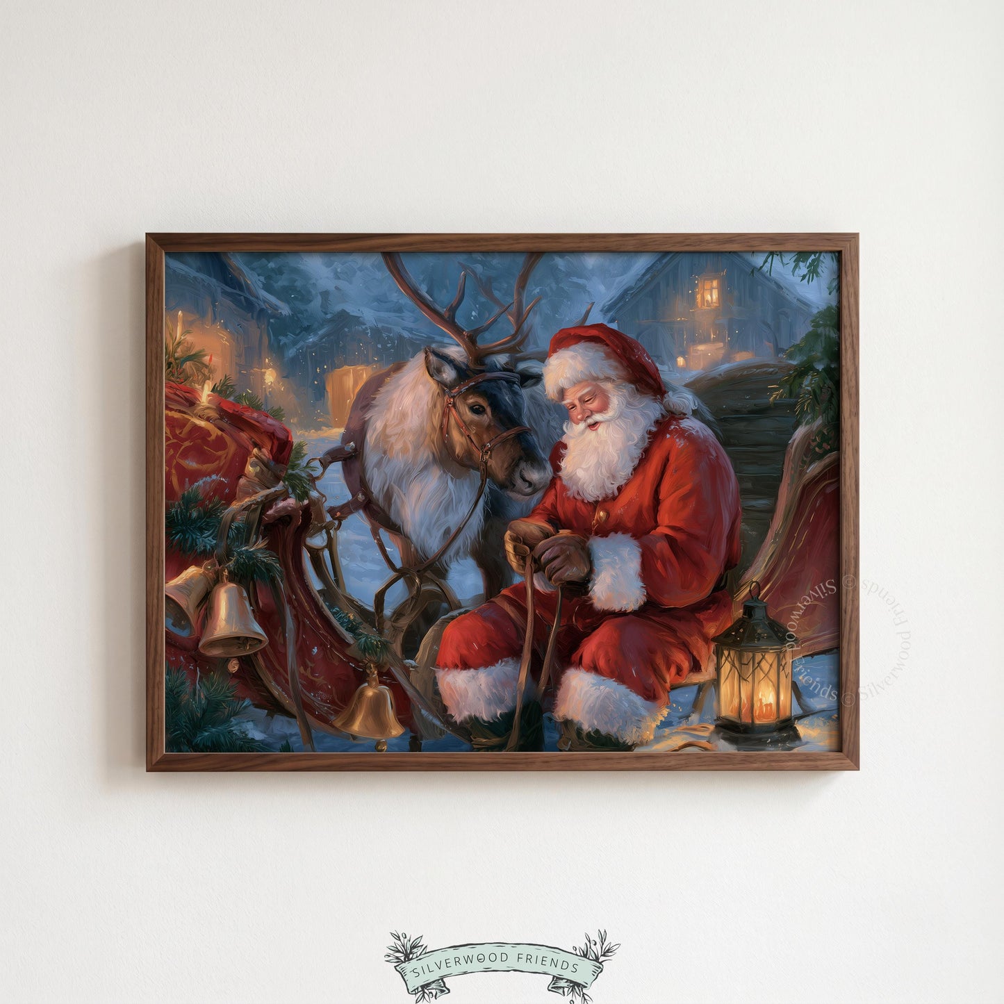 Christmas wall art instant download — nostalgic Santa moment by lantern light with woodland charm