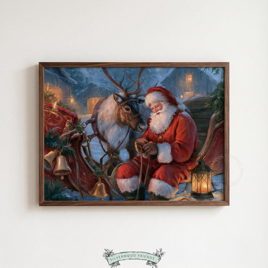 Christmas wall art instant download — nostalgic Santa moment by lantern light with woodland charm