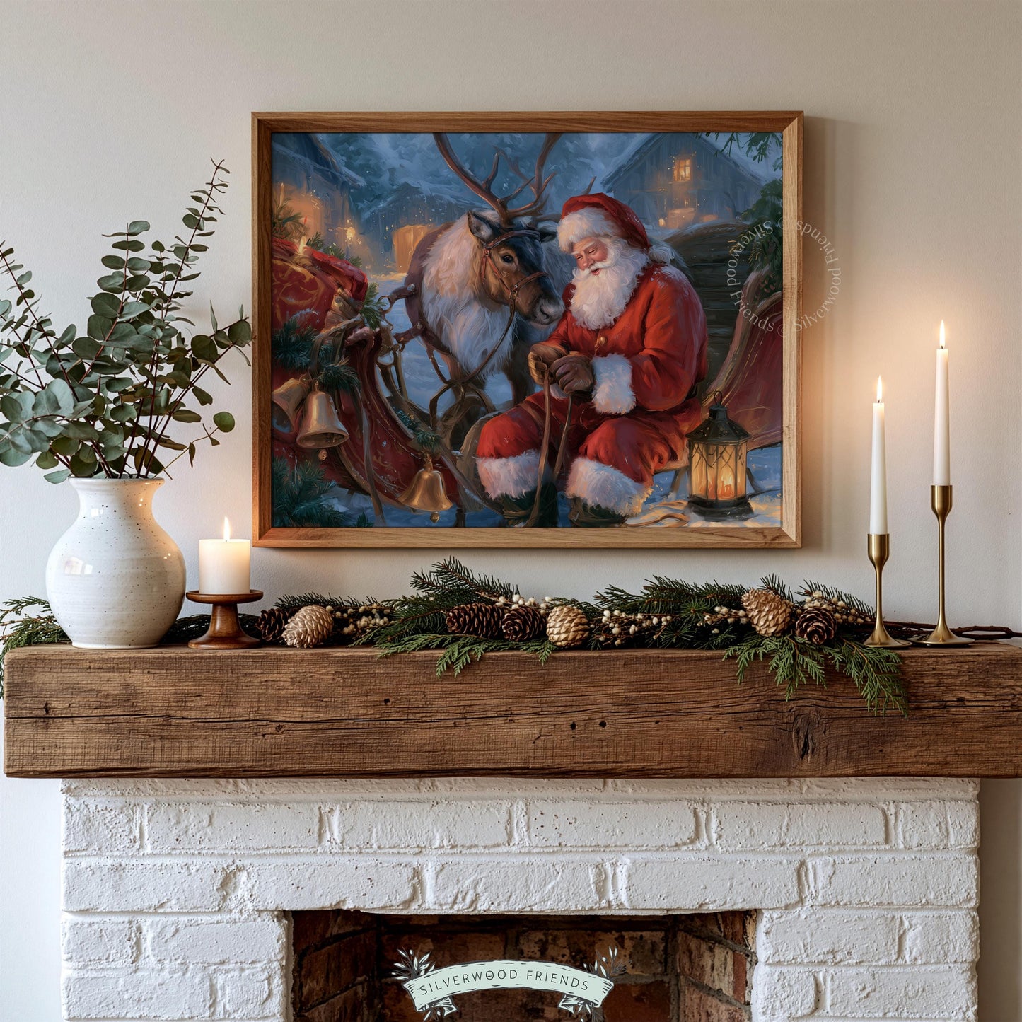 Festive farmhouse wall decor — detailed holiday painting of bearded gift-bringer sharing moment with reindeer