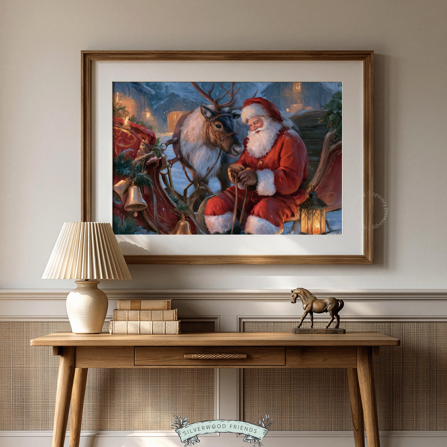 Festive celebration poster printable — warm nighttime Christmas scene with gift-giver, animals, and village backdrop