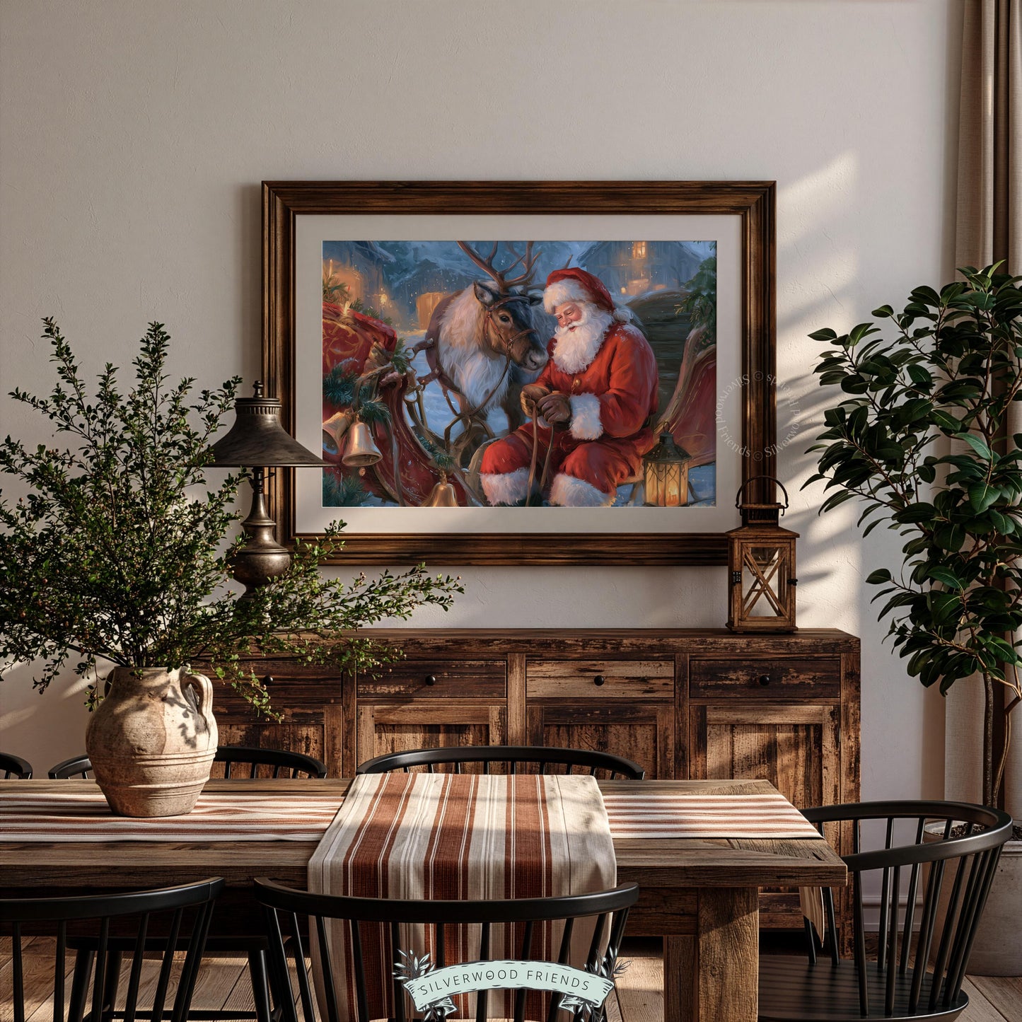 Winter night gallery print for cabin — traditional festive painting with jewel tones, glowing lantern, and sleigh bells