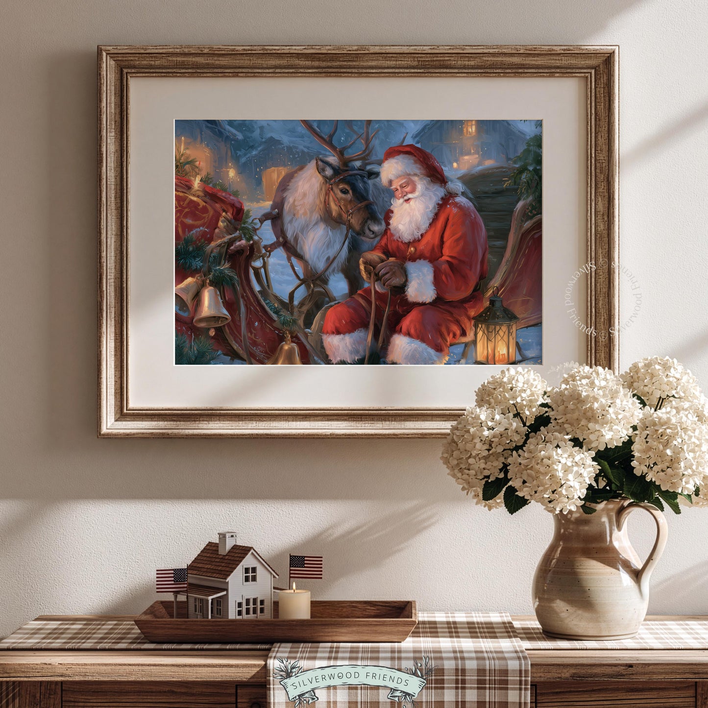 Classic holiday poster art instant download — nostalgic yuletide painting with red-suited figure, reindeer, and evergreen accents