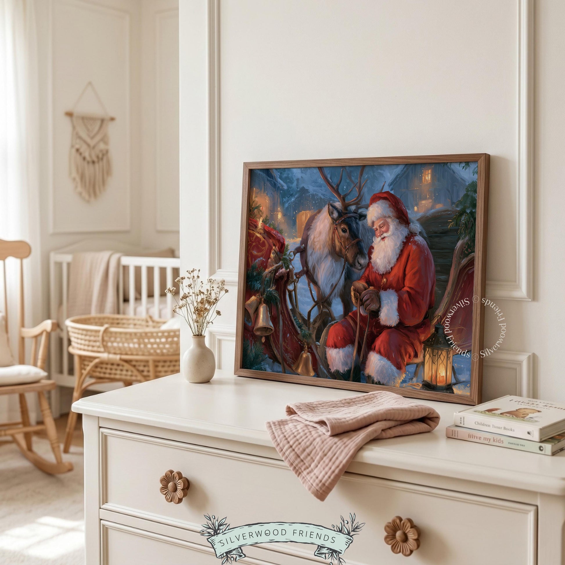 Seasonal gallery wall art printable — glowing lantern illuminates holiday magic with classic red suit figure