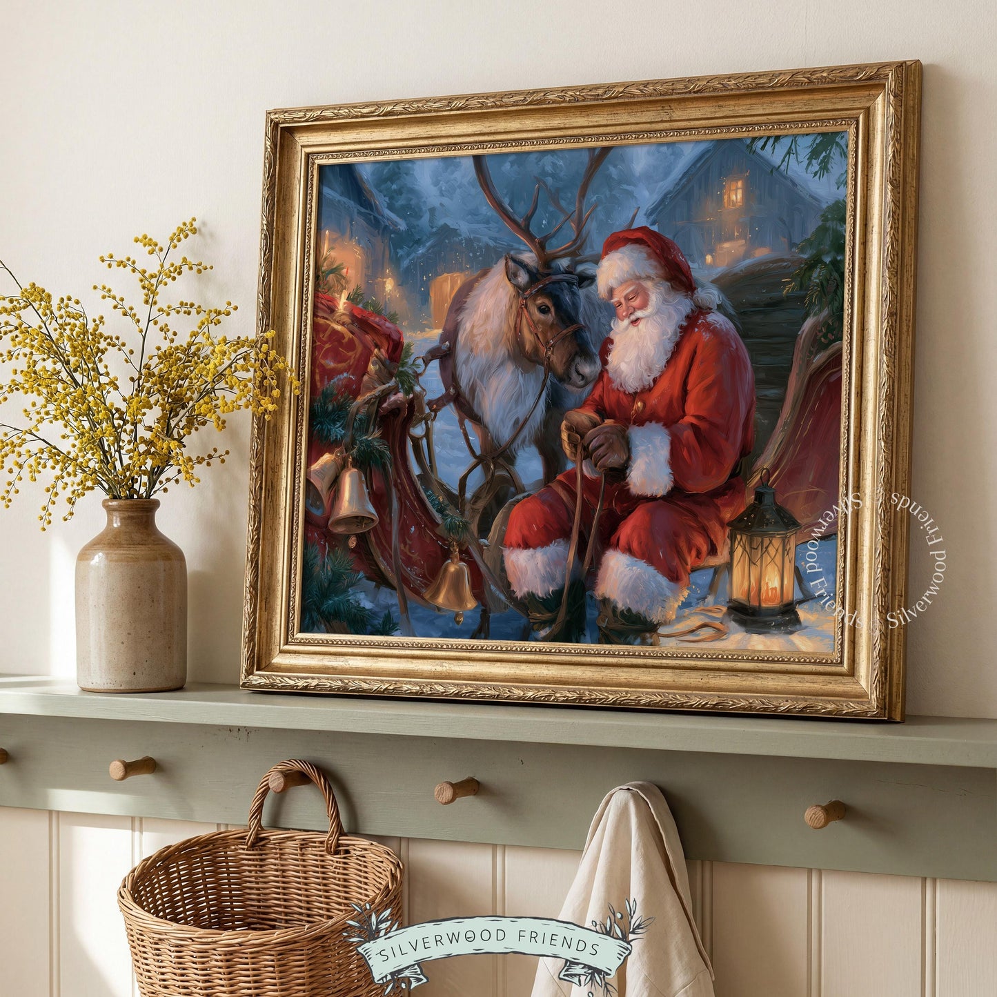 Christmas workshop picture digital download — cozy yuletide moment featuring red-suited figure and sleigh animal