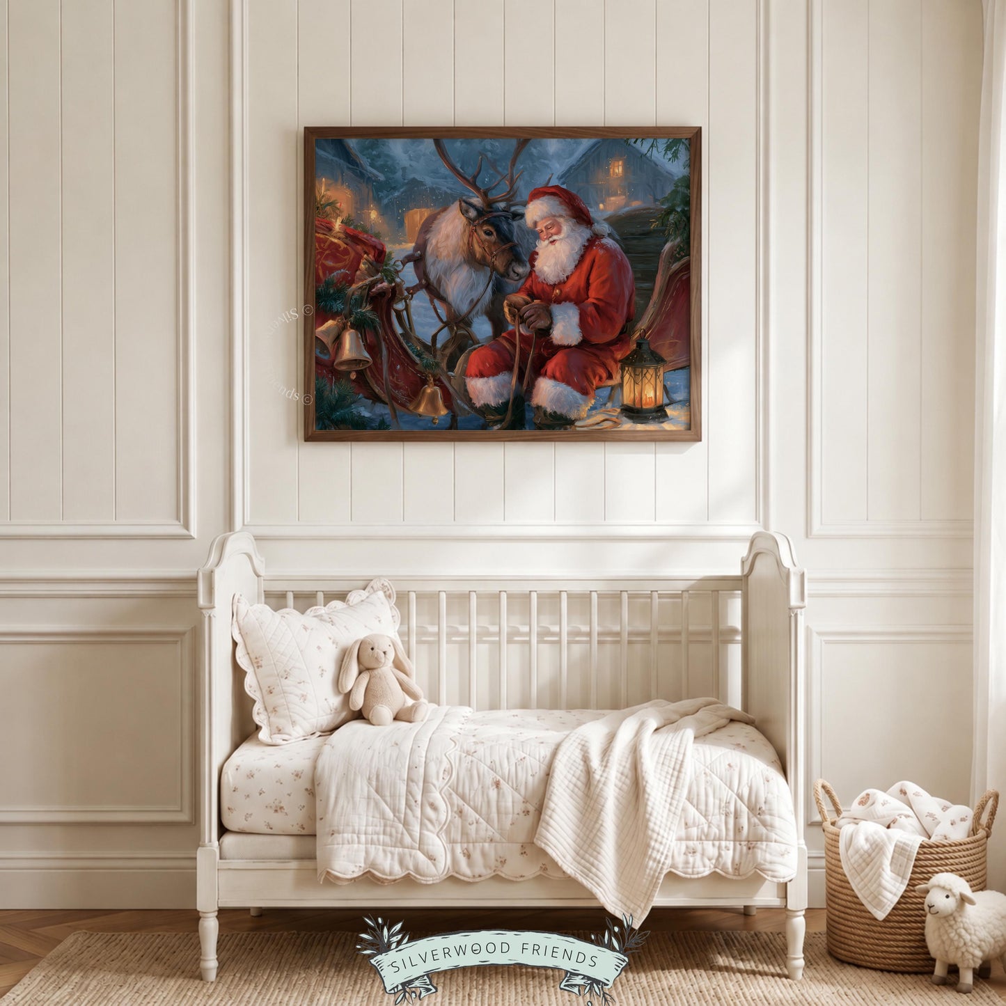 Seasonal gift-giver and animal portrait wall art — warm vintage Christmas illustration with cozy, intimate mood