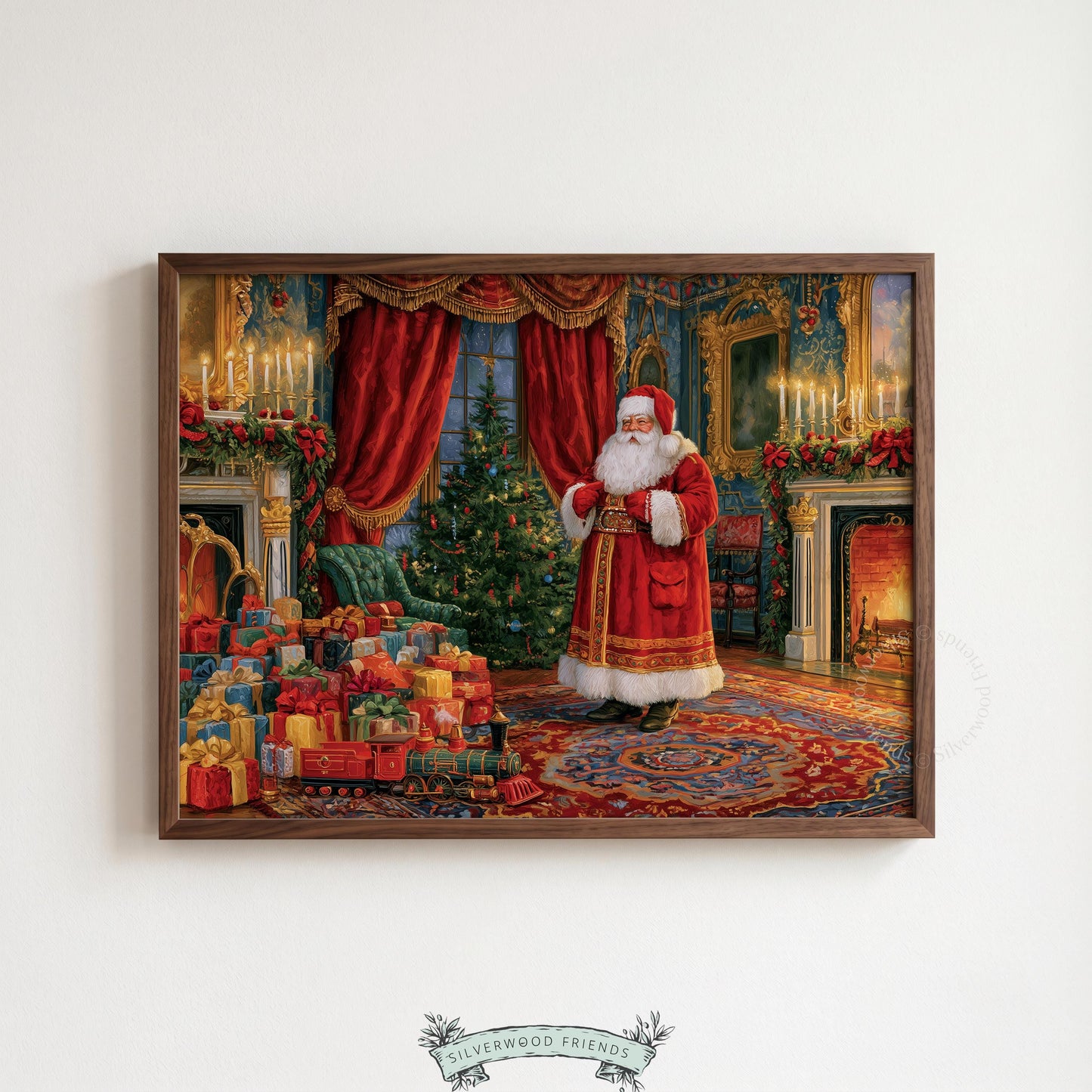 Nostalgic gift-season painting print for entryway — opulent interior with red robes, wrapped packages, evergreen décor