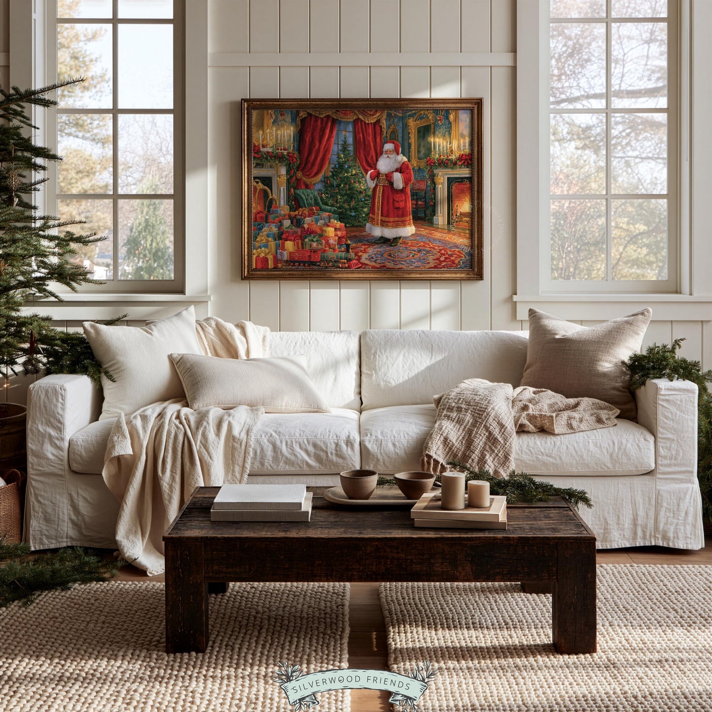 Jolly gift-bringer wall artwork — sumptuous holiday interior with decorated evergreen and glowing hearths