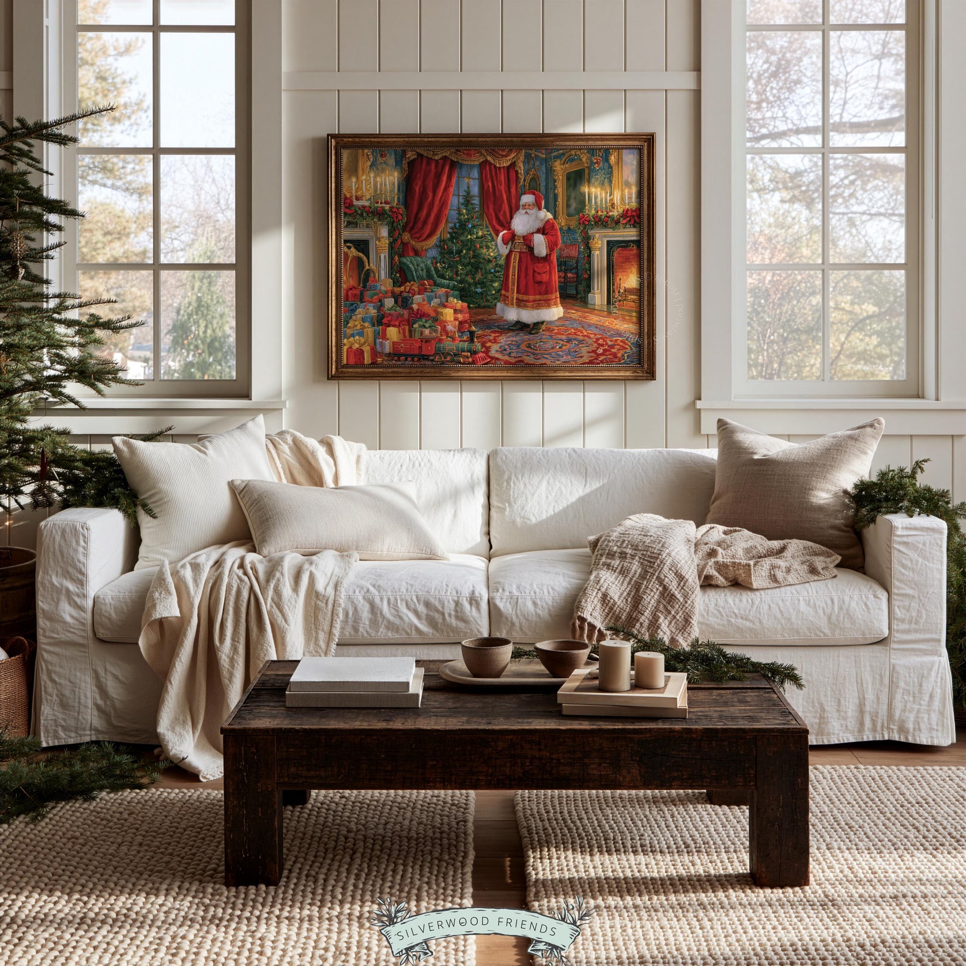 Jolly gift-bringer wall artwork — sumptuous holiday interior with decorated evergreen and glowing hearths