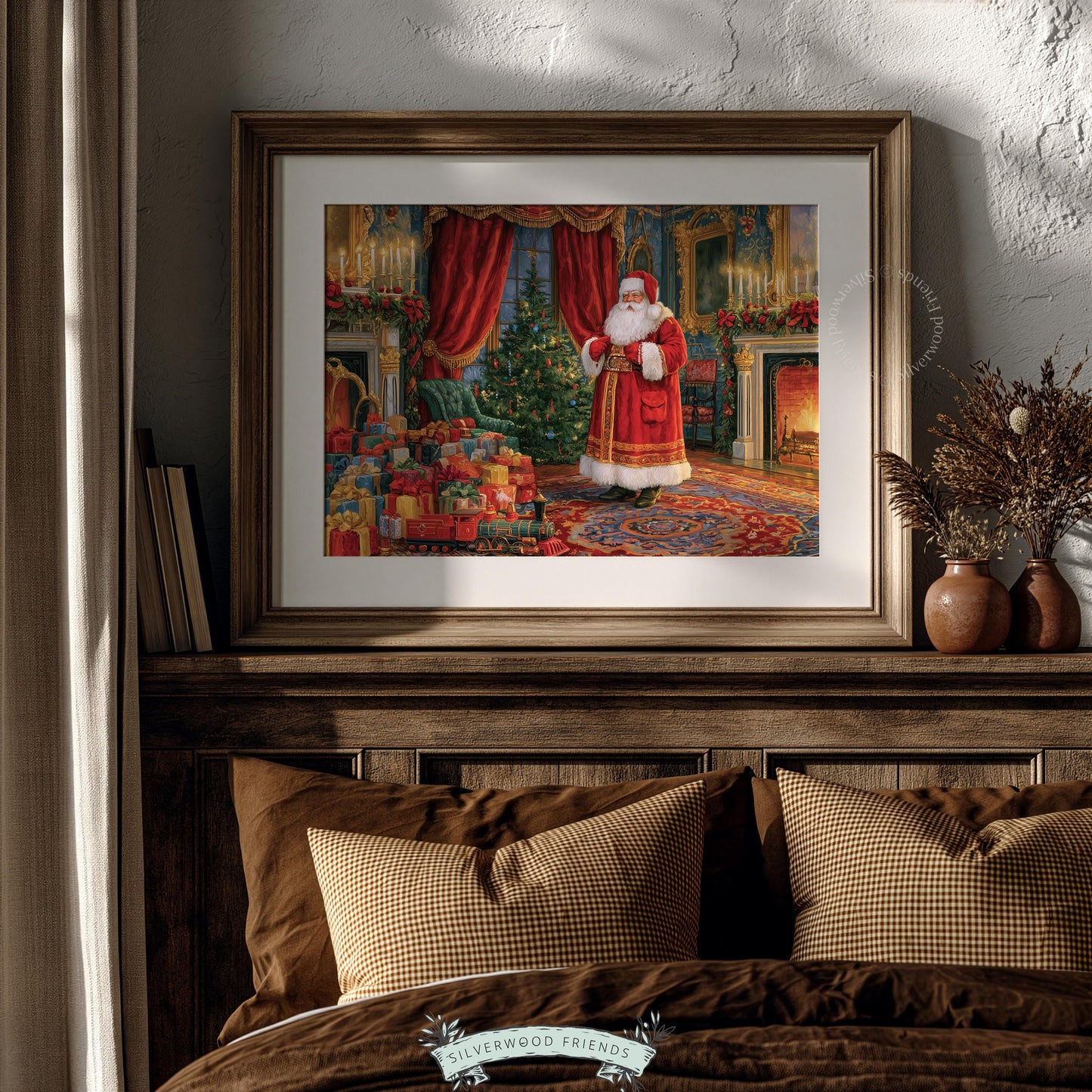 Festive Victorian room artwork printable for bedroom — robed holiday character surrounded by seasonal elegance