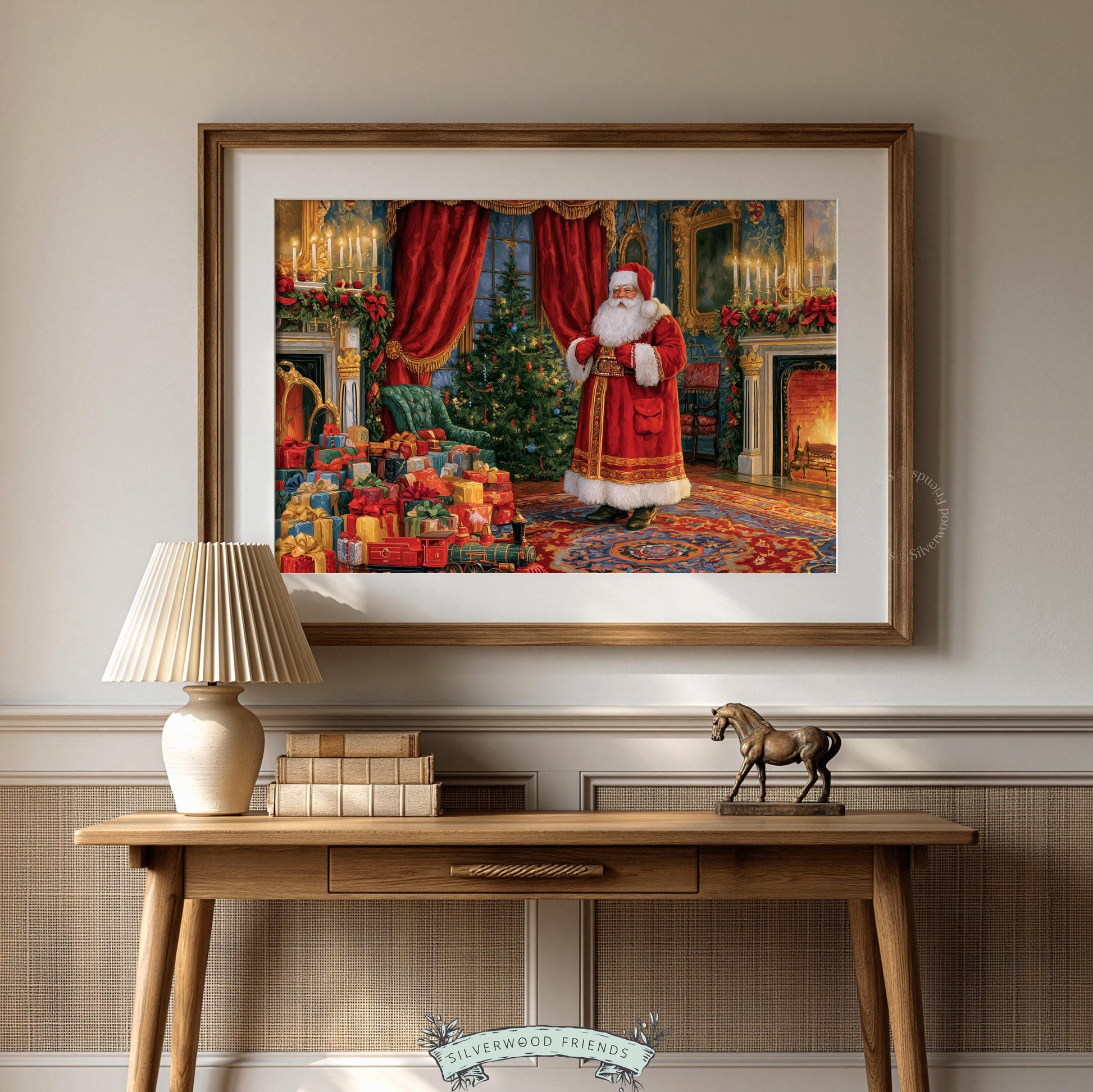Victorian-inspired holiday figure poster — sumptuous Christmas room with glowing fires, fine rugs, and jewel tones