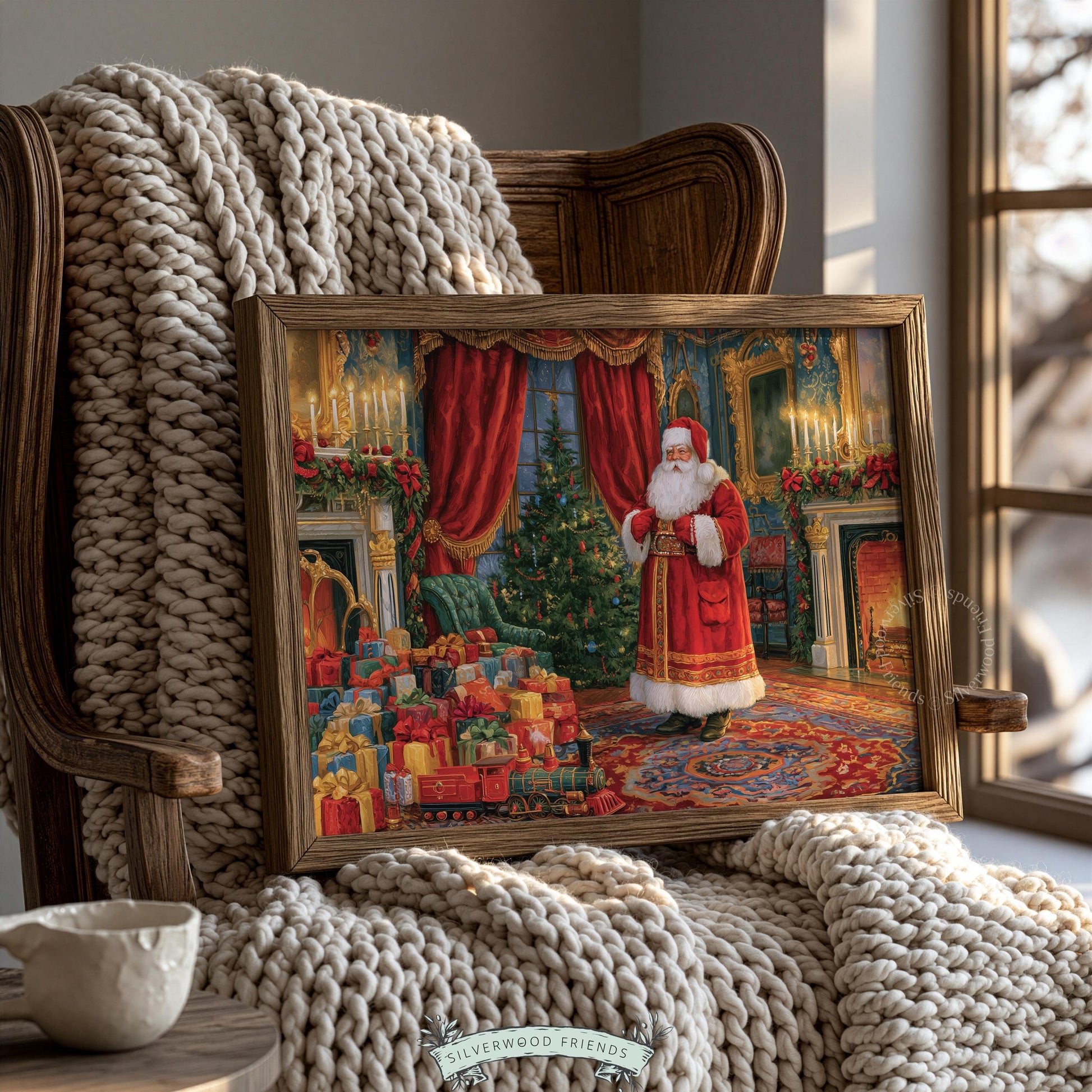 Timeless festive scene picture for dining room — old-world Christmas parlor with towering tree and golden trim