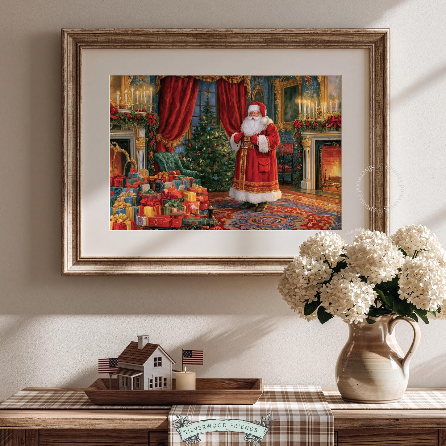Antique holiday painting wall art — bearded figure in grand parlor with stacked presents and draped velvet