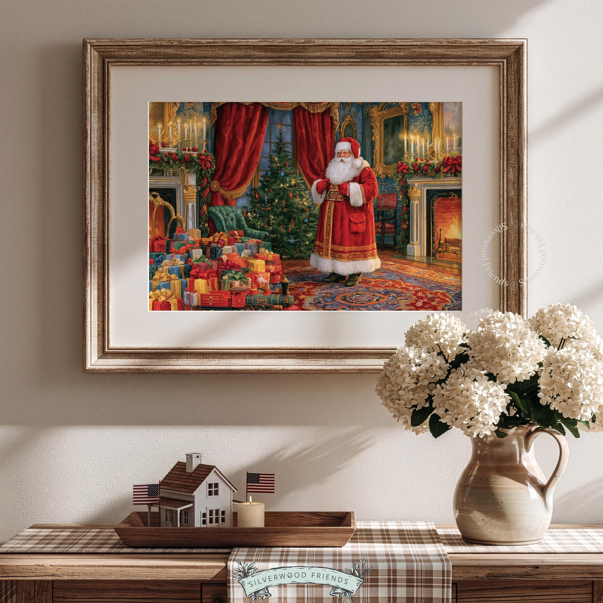 Antique holiday painting wall art — bearded figure in grand parlor with stacked presents and draped velvet