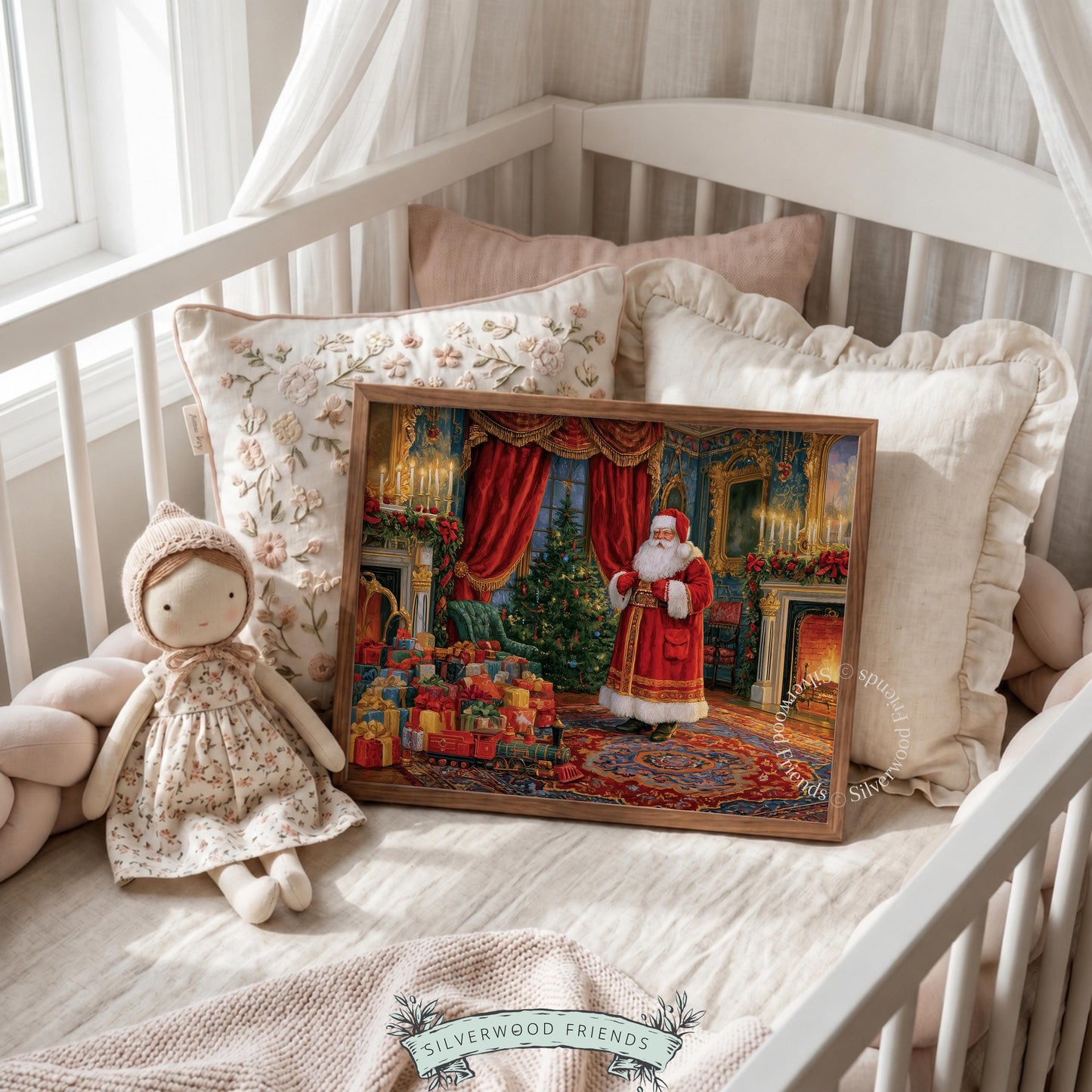 Warm festive gathering artwork printable — classic holiday interior featuring robed character amid candlelit luxury