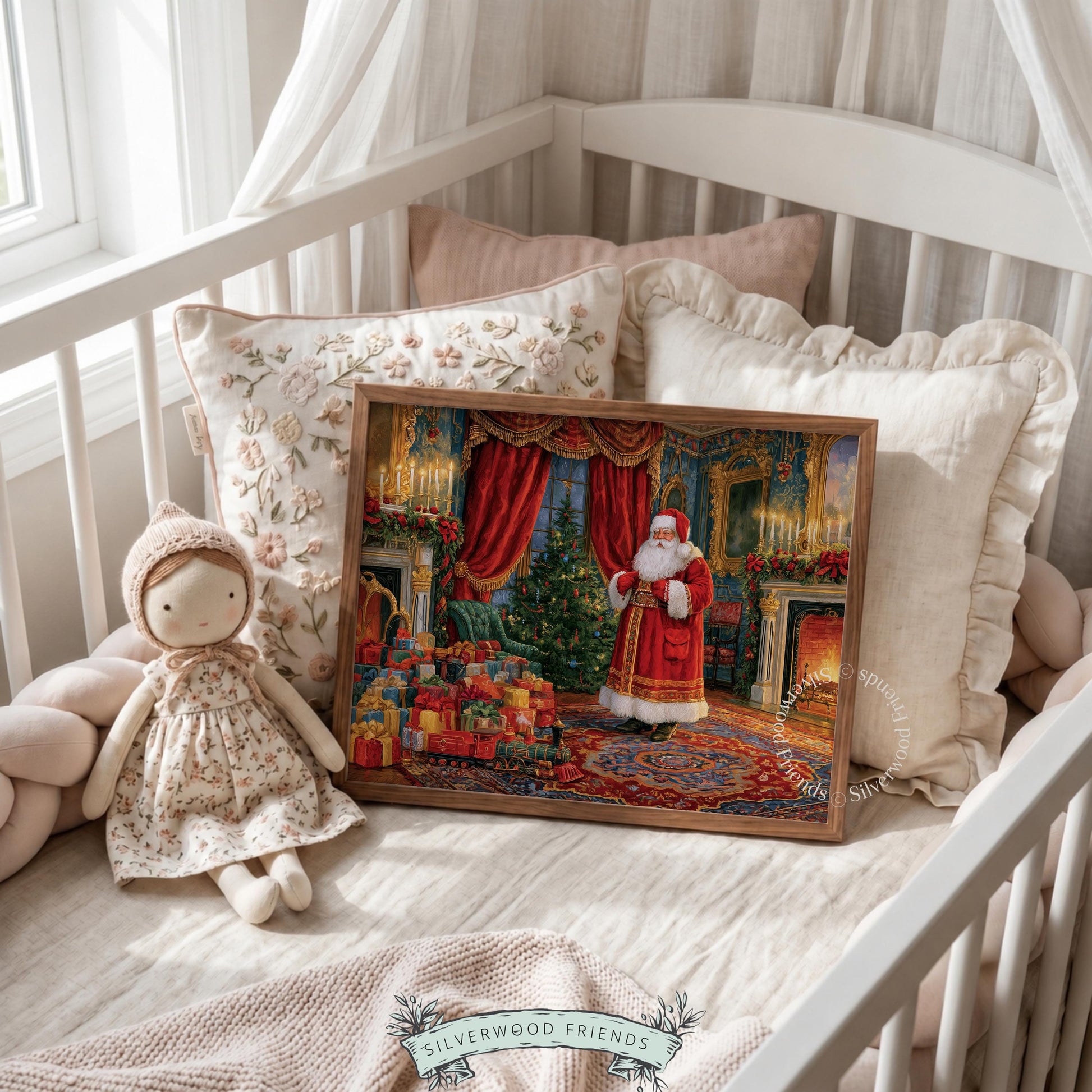 Warm festive gathering artwork printable — classic holiday interior featuring robed character amid candlelit luxury
