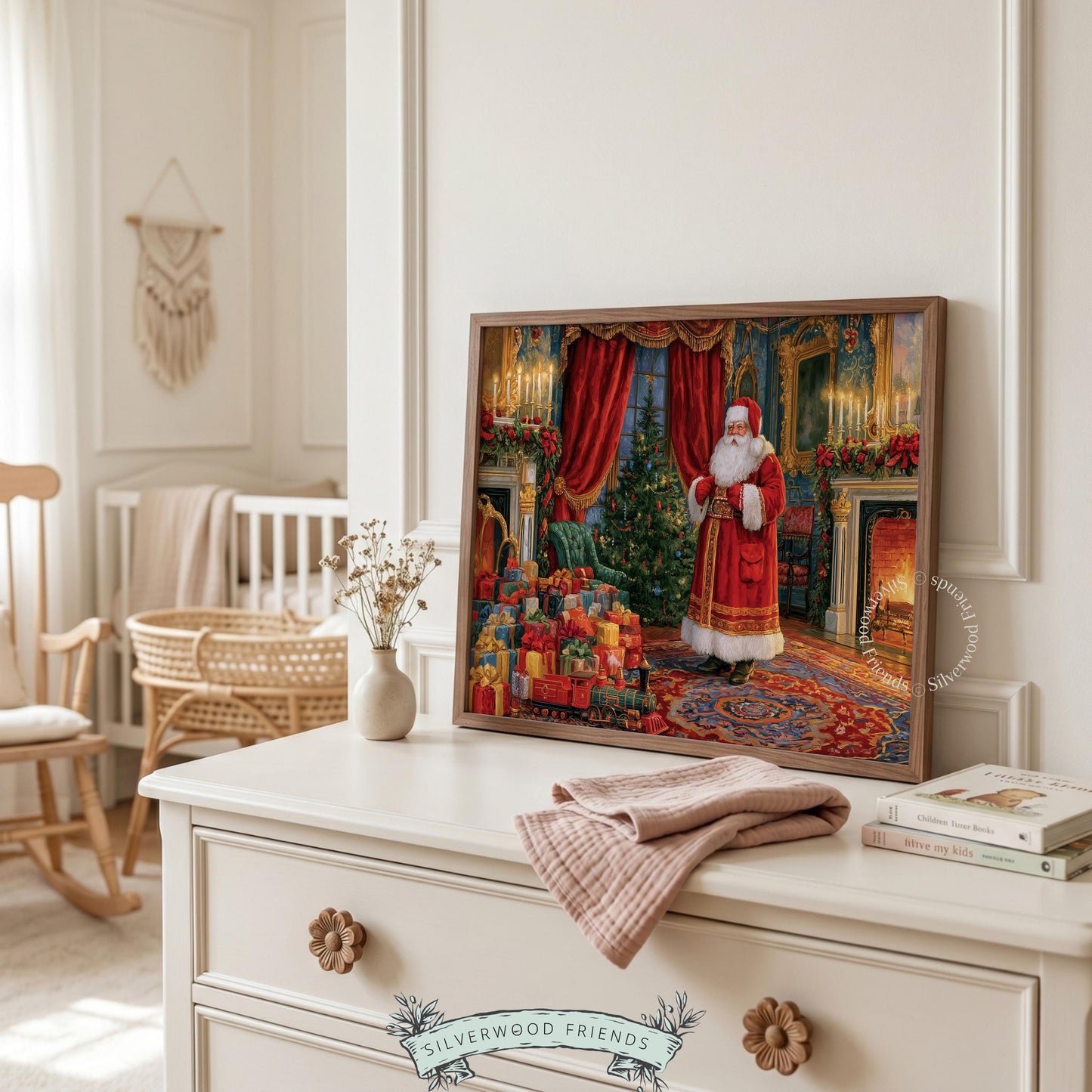 Nostalgic holiday figure printable art for bedroom — rich red velvet and glowing fireplace ambiance