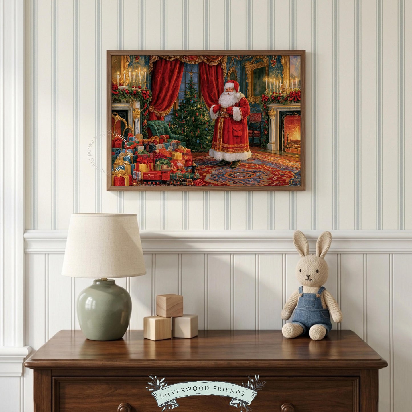 Elegant holiday parlor wall artwork — traditional Christmas scene with ornamental candelabras and rich furnishings