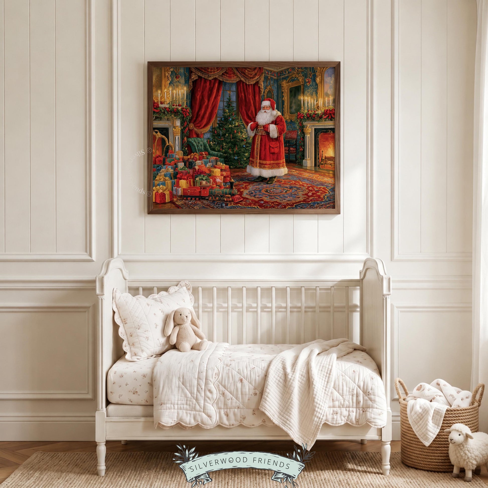 Ornate Christmas figure wall art for hallway — Victorian-inspired holiday room with plush seating and lit candles