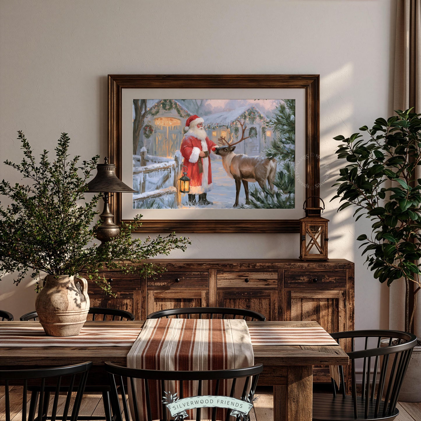 Festive Santa holding lantern poster for entryway — rustic farmhouse Christmas with soft painterly style