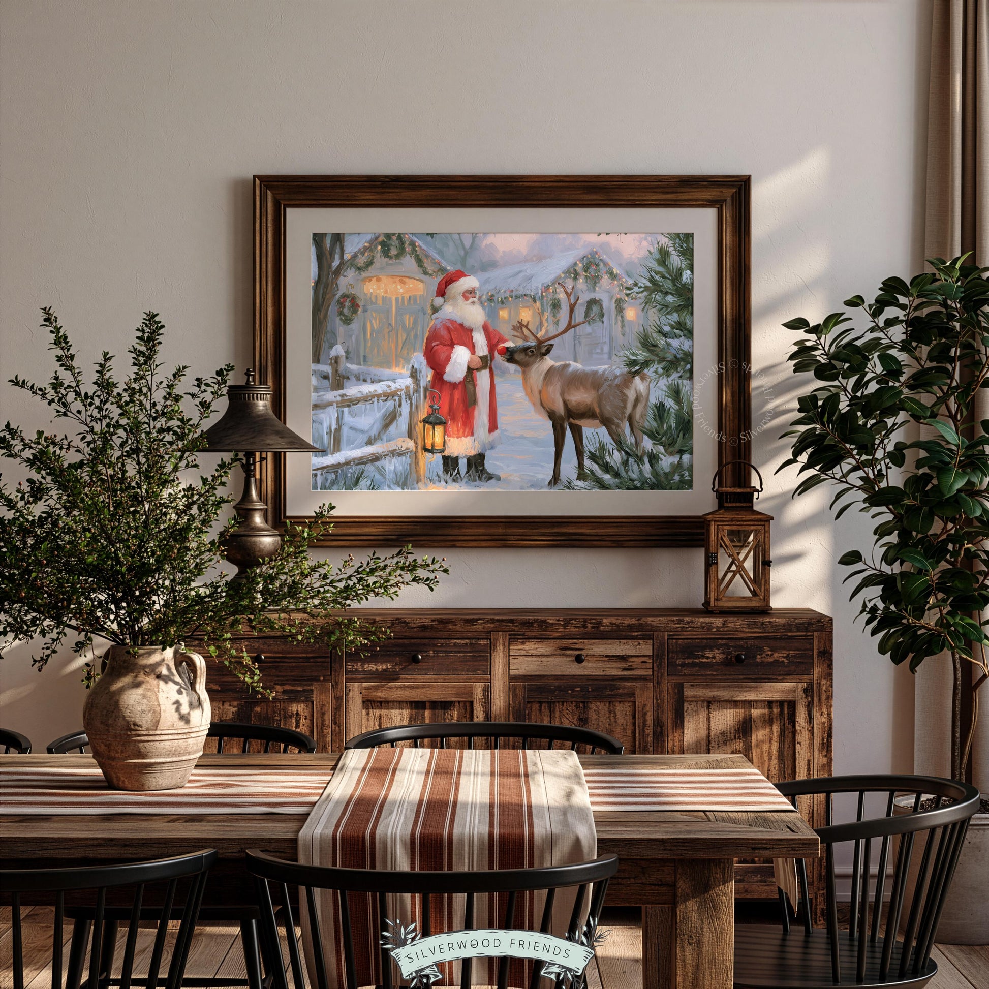 Festive Santa holding lantern poster for entryway — rustic farmhouse Christmas with soft painterly style