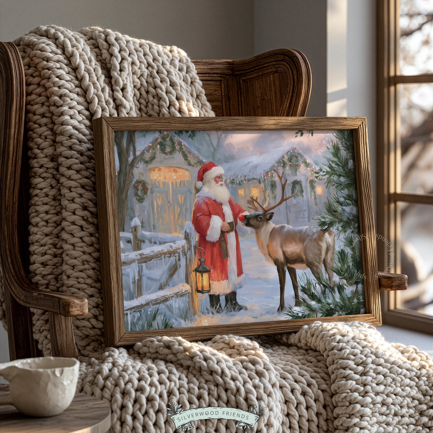 Vintage holiday artwork with red-suited character wall art for study — cozy glowing lantern scene with rustic fence