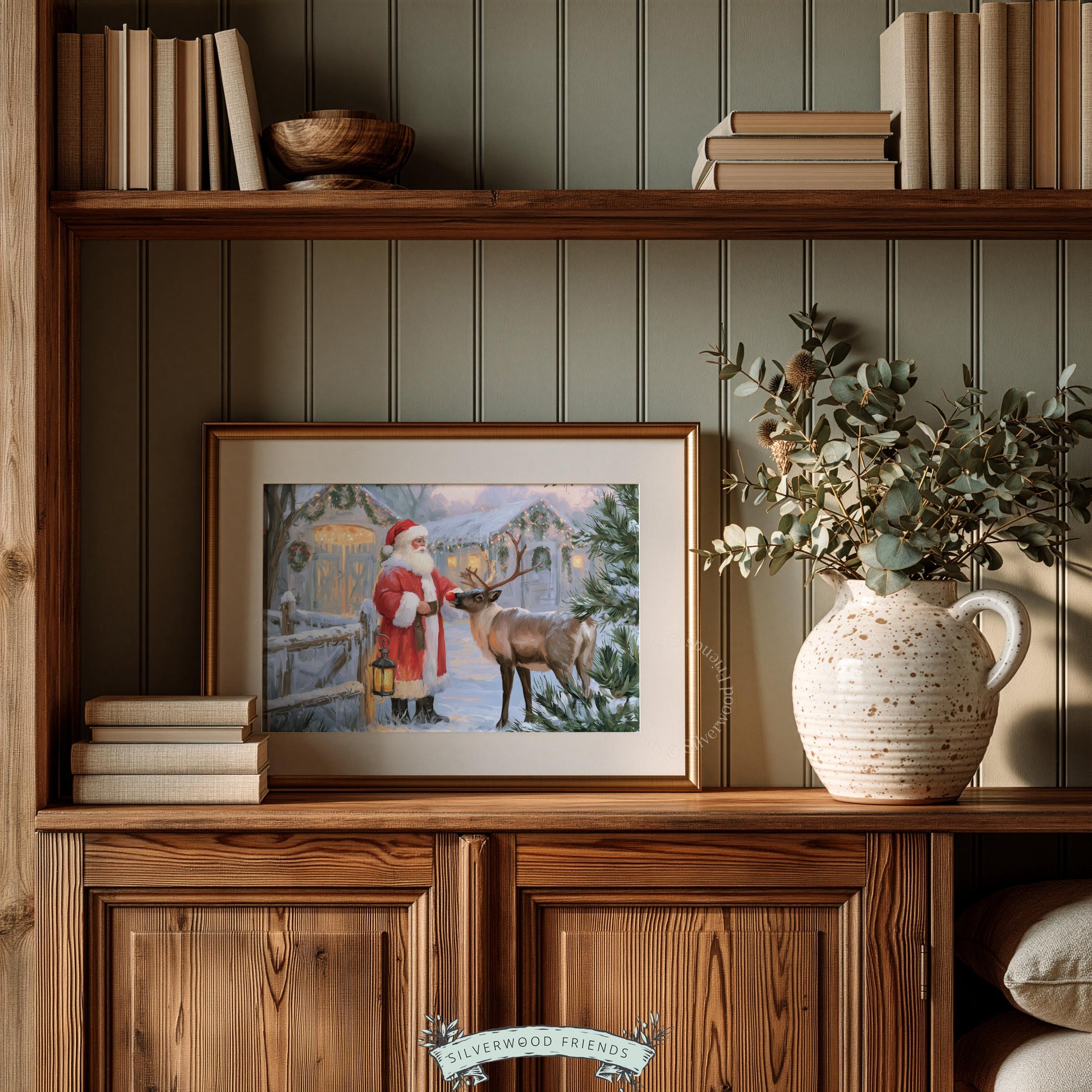 Festive winter scene with jolly character digital print for office — warm glowing Christmas painting with rustic appeal