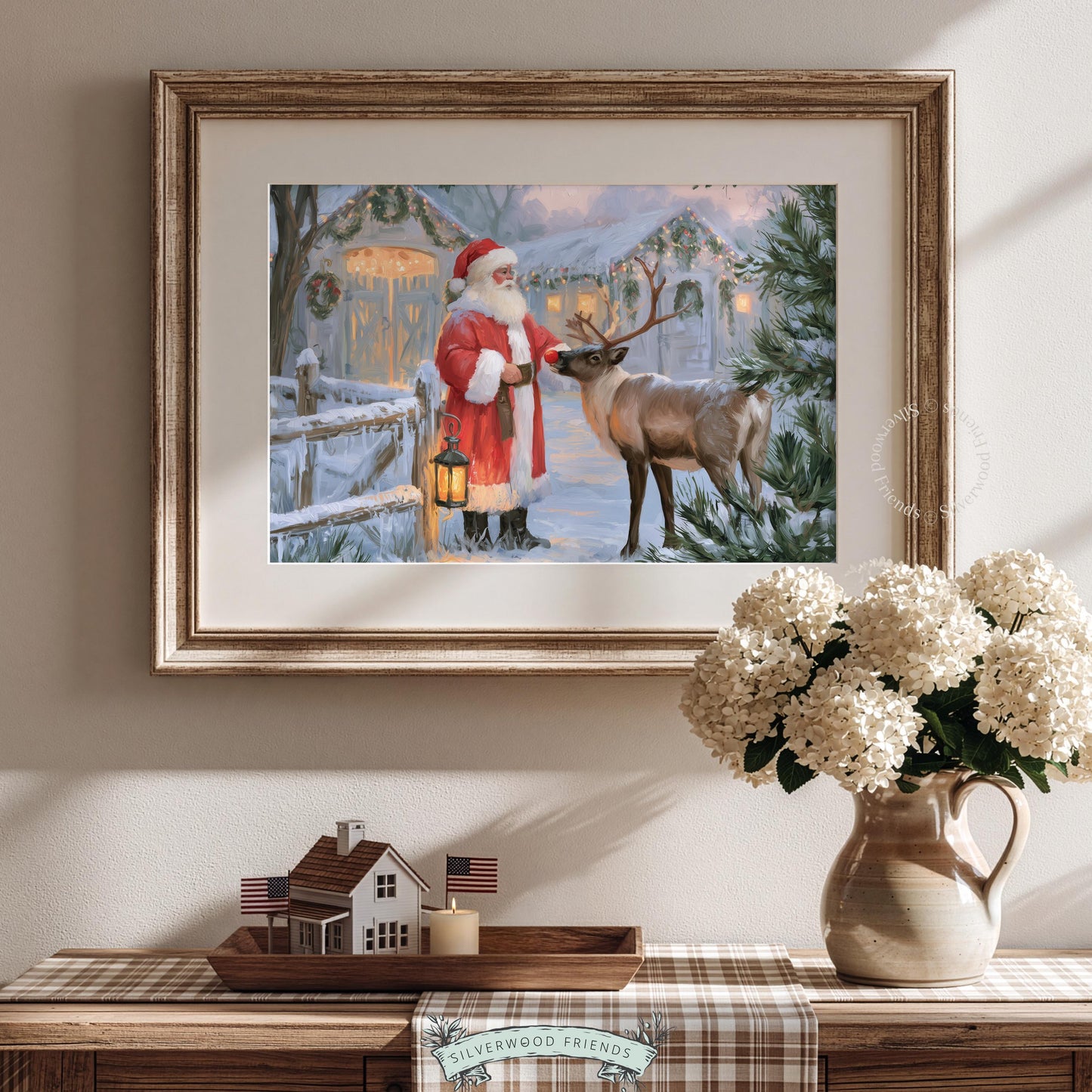 Charming winter cottage Christmas poster for entryway — nostalgic Santa scene with snowy trees and icicle decorations