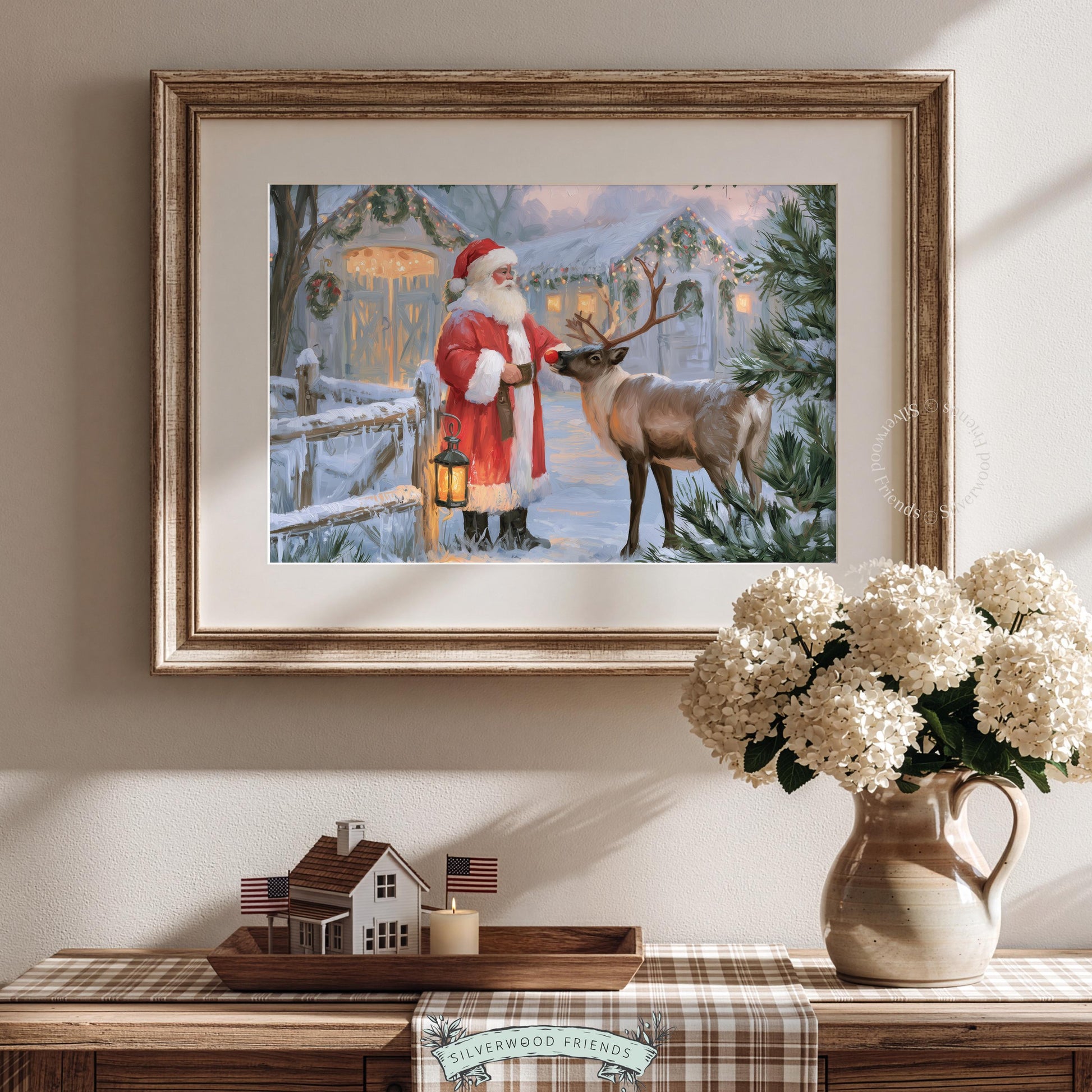 Charming winter cottage Christmas poster for entryway — nostalgic Santa scene with snowy trees and icicle decorations