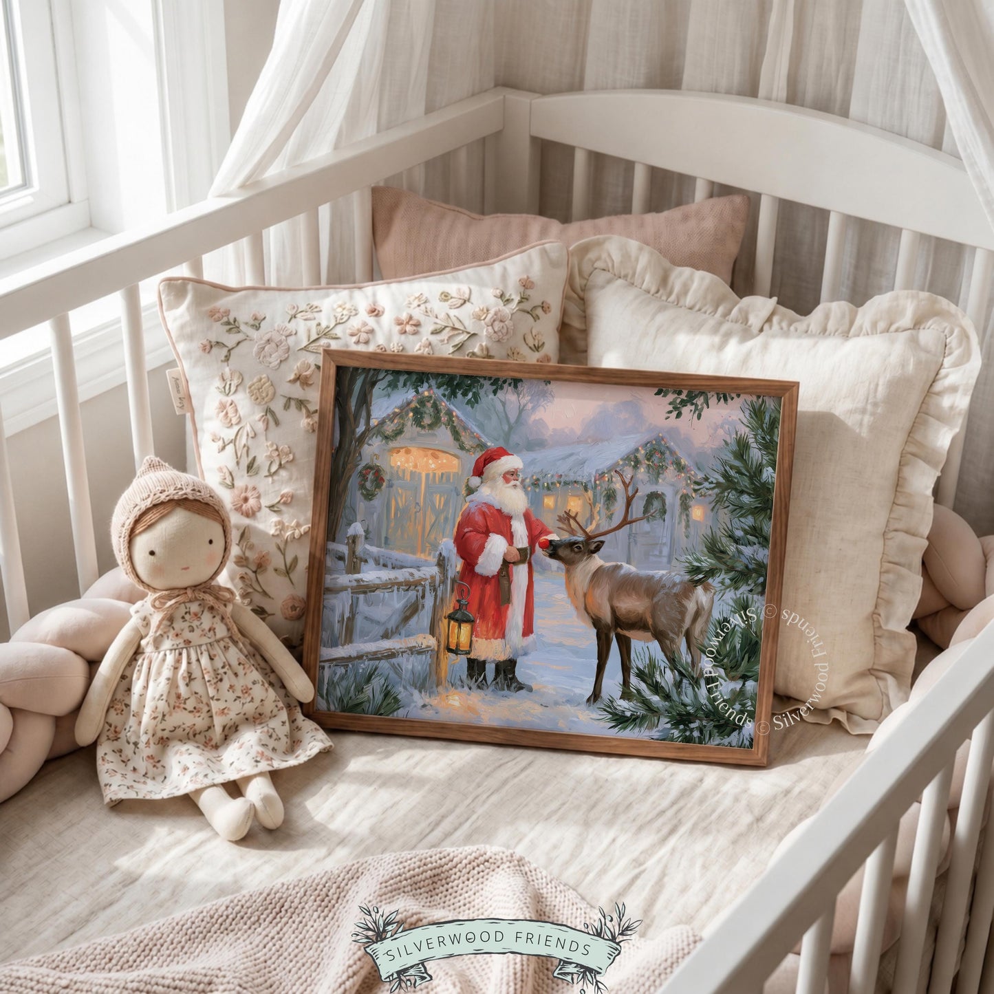 Warm festive winter portrait printable artwork — vintage red-suited figure with animal companion in snowy landscape