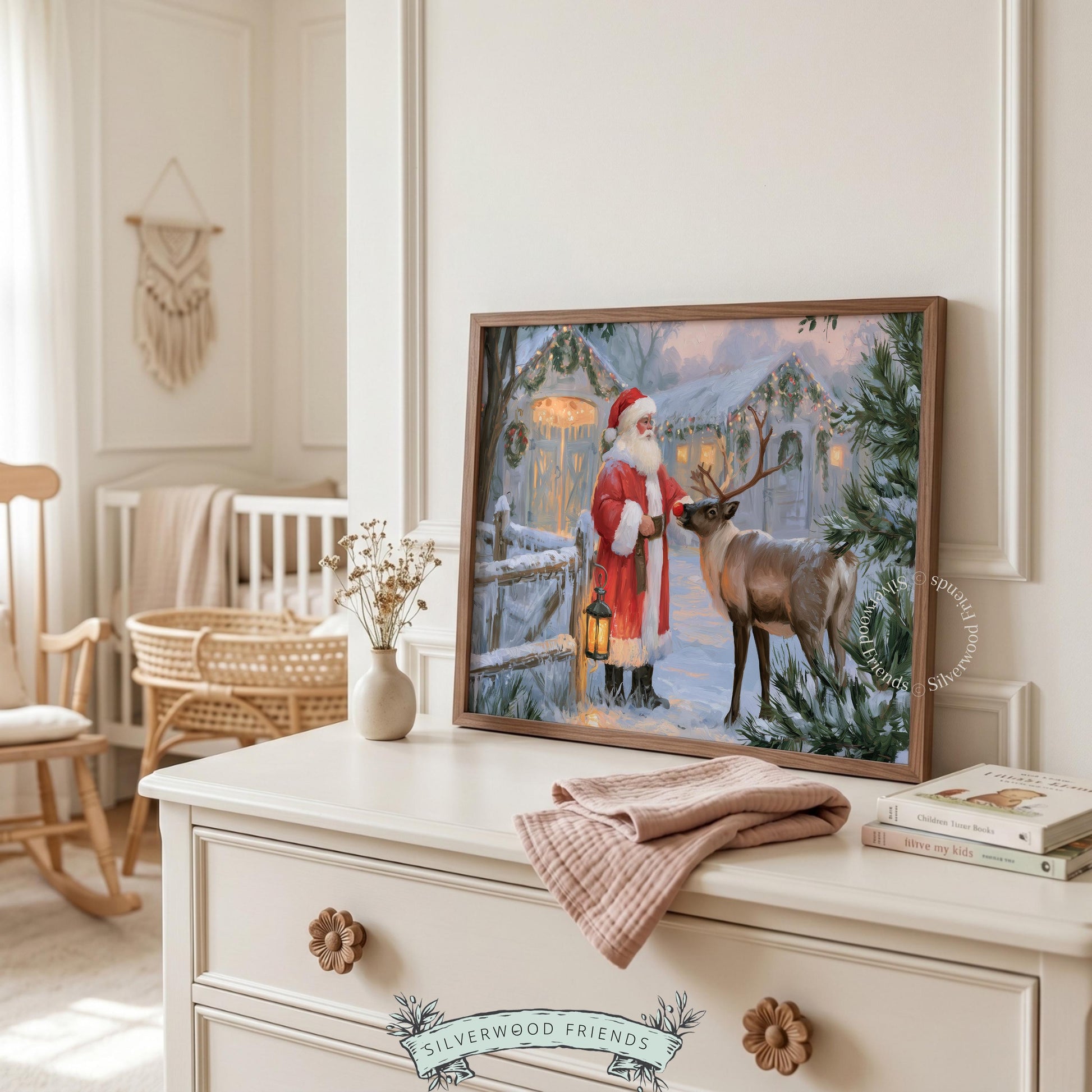 Old-fashioned Saint holding lantern wall art for dining room — nostalgic holiday painting with glowing atmosphere