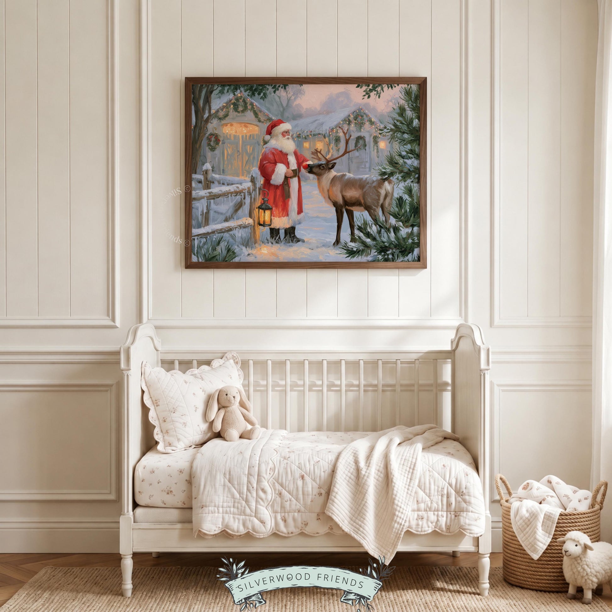 Red-suited Saint Nick and deer wall art for bedroom — cozy holiday scene with snowy winter aesthetic