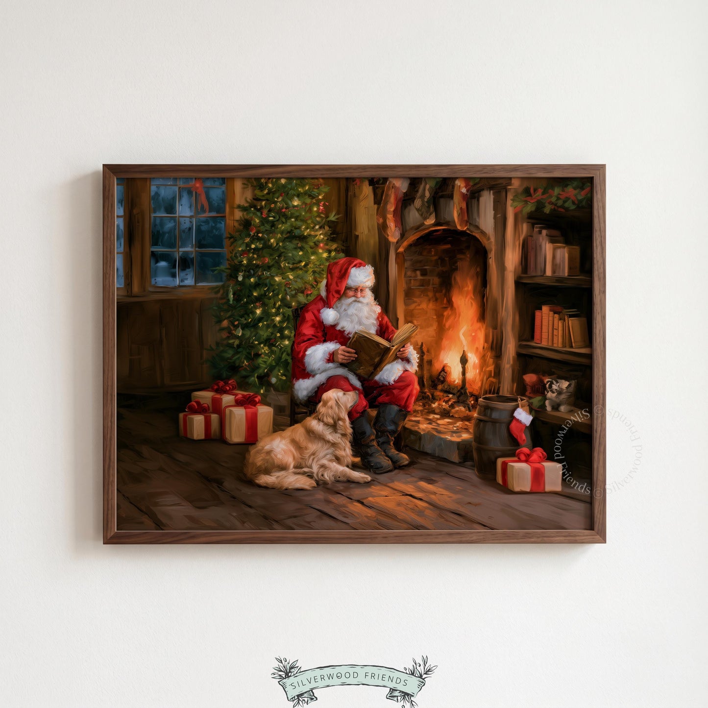 Vintage farmhouse Santa picture for instant download — cozy fireplace scene with bearded gentleman, dog, and festive decor