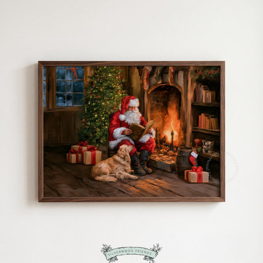 Vintage farmhouse Santa picture for instant download — cozy fireplace scene with bearded gentleman, dog, and festive decor