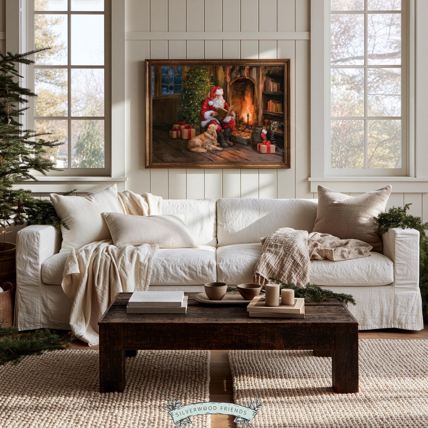 Holiday Santa wall art printable for family room — warm vintage scene with roaring fire and golden pet