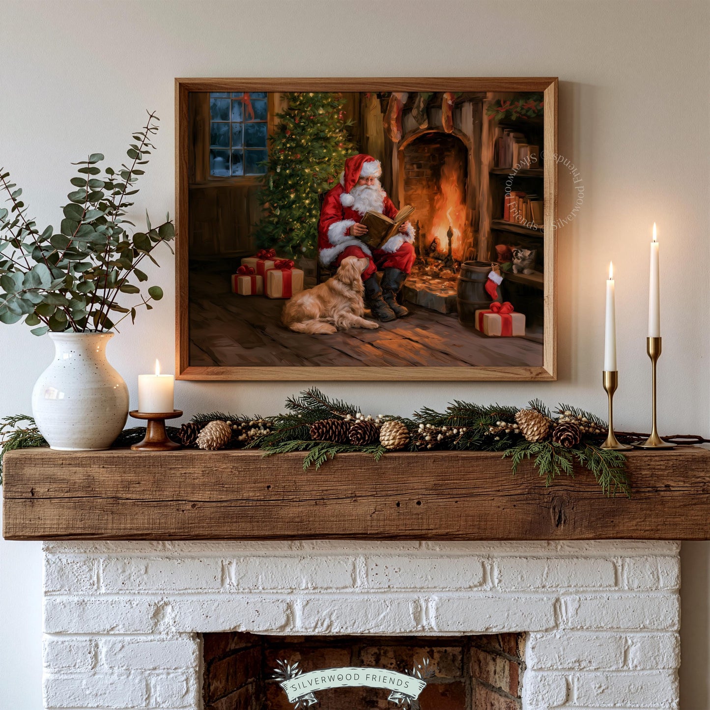 Warm holiday oil painting poster for study — Santa in cozy cabin setting with fireplace and golden retriever