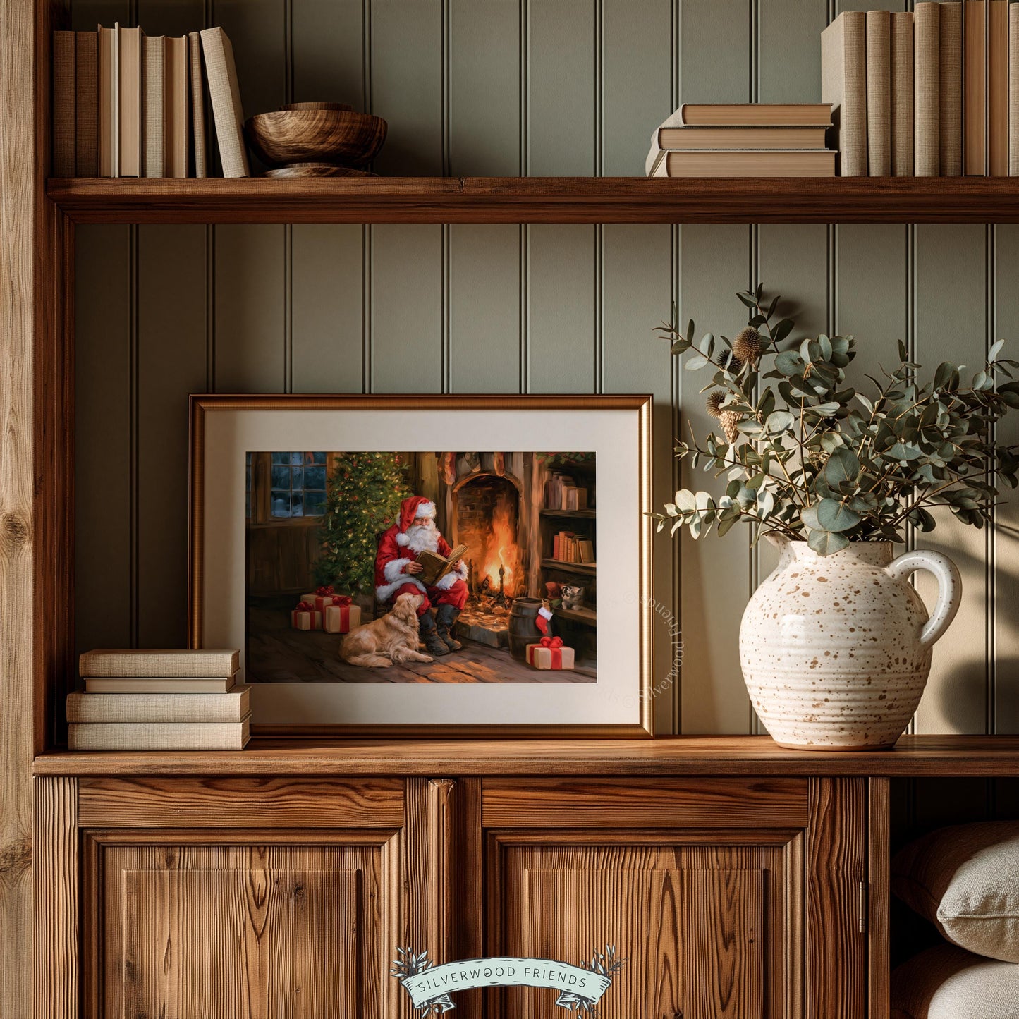 Cozy Christmas picture printable for home — Santa beside fireplace with golden dog and holiday stockings