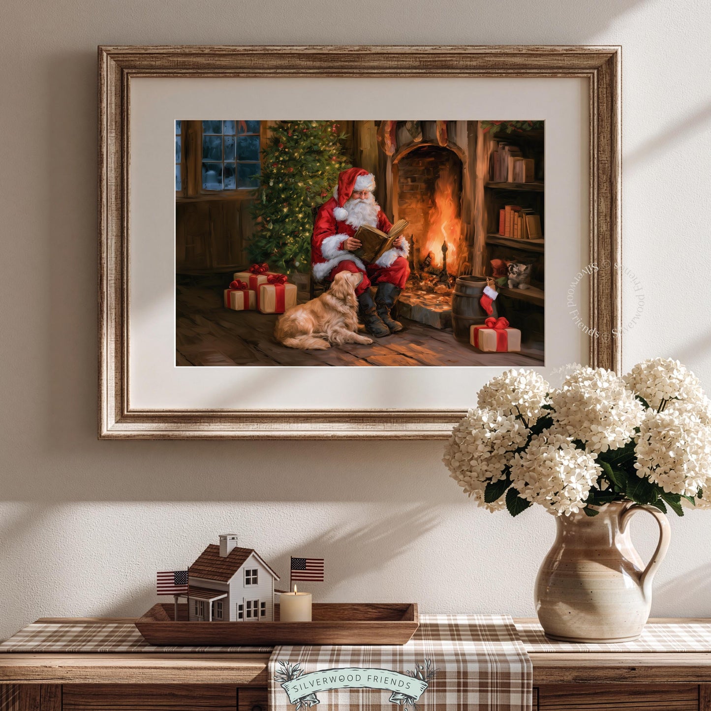 Vintage Santa digital art print for gallery wall — Christmas painting featuring bearded man reading by roaring fire